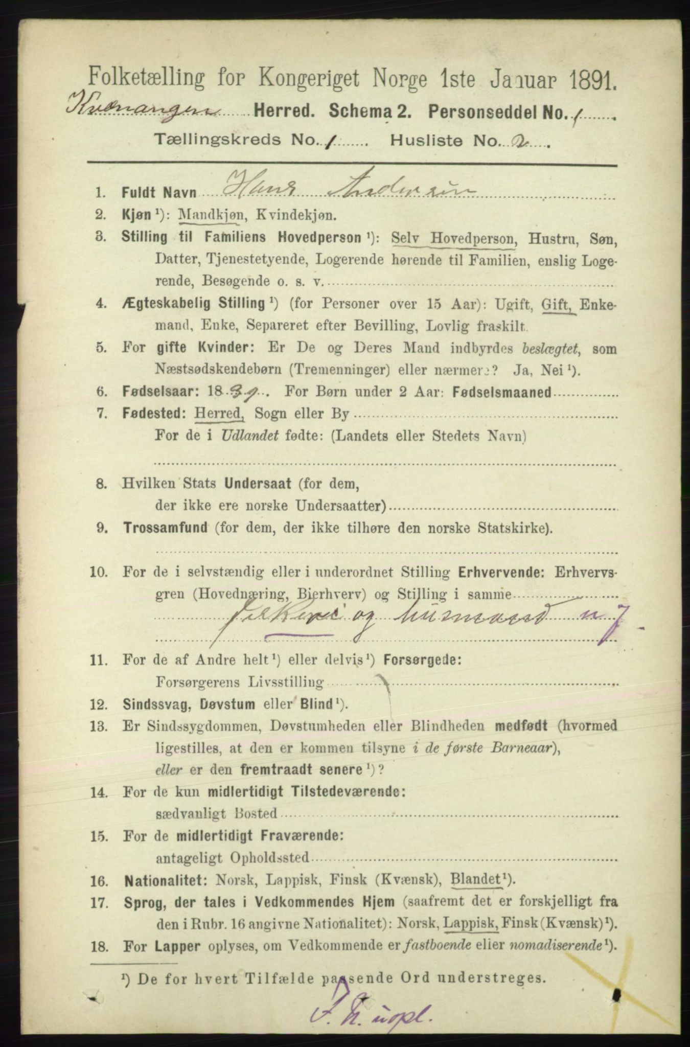 RA, 1891 census for 1943 Kvænangen, 1891, p. 65