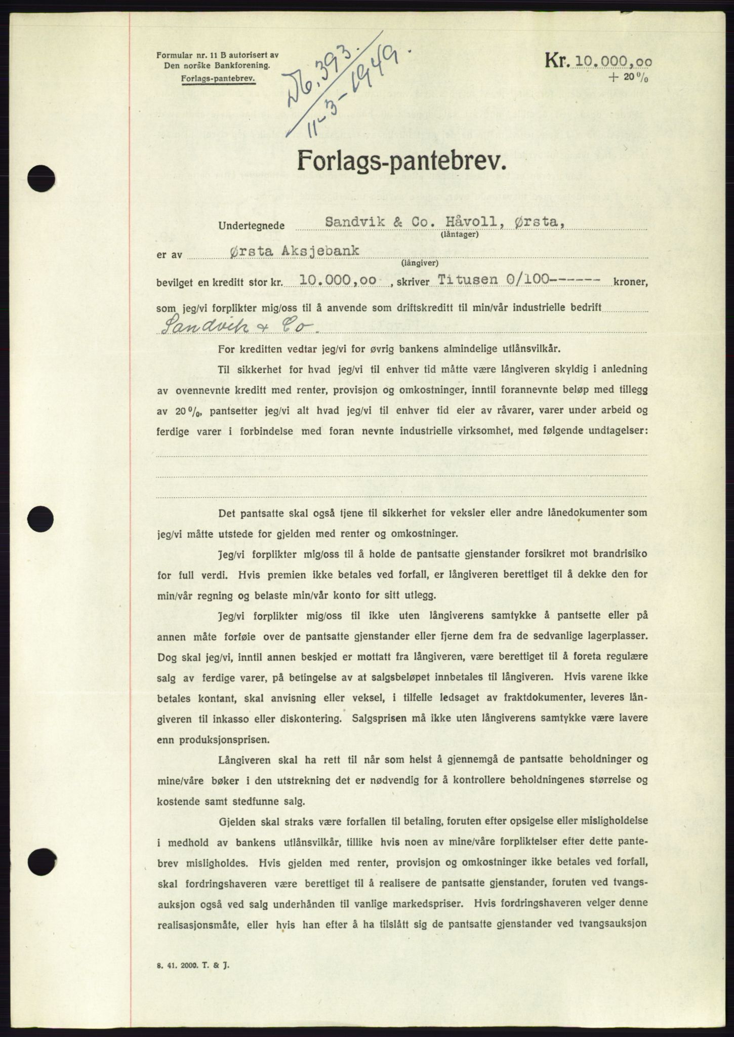 Søre Sunnmøre sorenskriveri, AV/SAT-A-4122/1/2/2C/L0116: Mortgage book no. 4B, 1948-1949, Diary no: : 393/1949