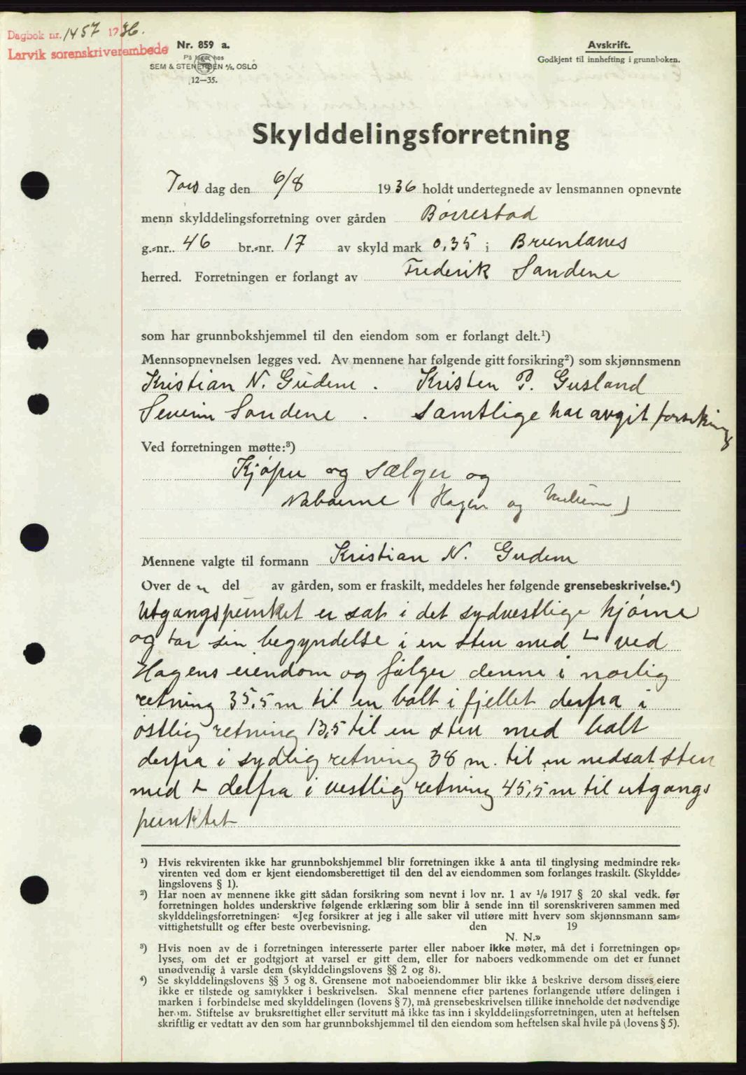 Larvik sorenskriveri, SAKO/A-83/G/Ga/Gab/L0067: Mortgage book no. A-1, 1936-1937, Diary no: : 1457/1936