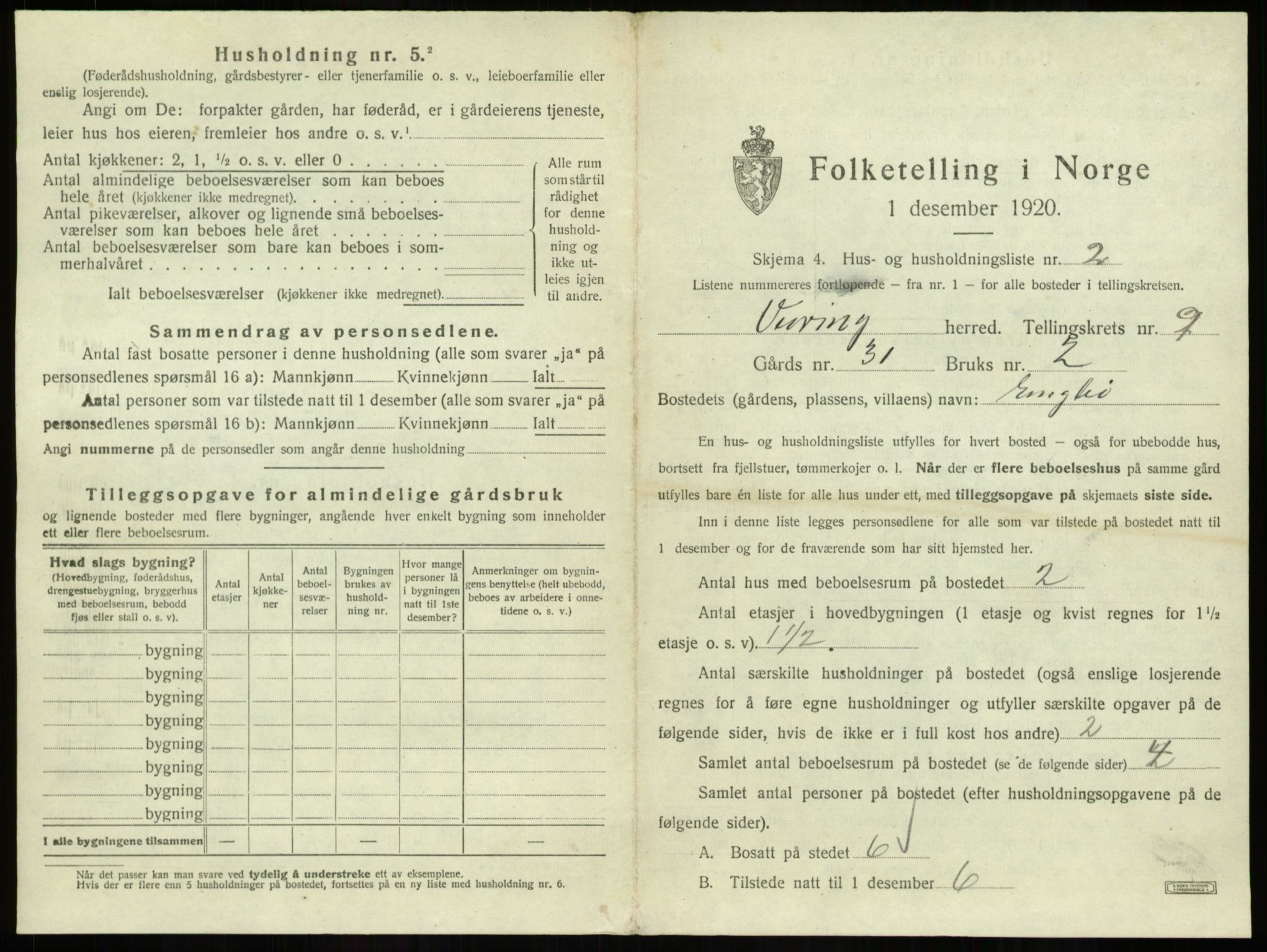 SAB, 1920 census for Vevring, 1920, p. 371