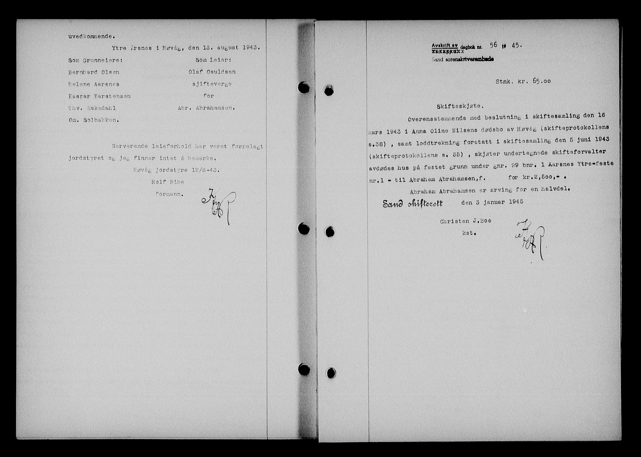 Vestre Nedenes/Sand sorenskriveri, SAK/1221-0010/G/Gb/Gba/L0053: Mortgage book no. A 6, 1944-1945, Diary no: : 56/1945