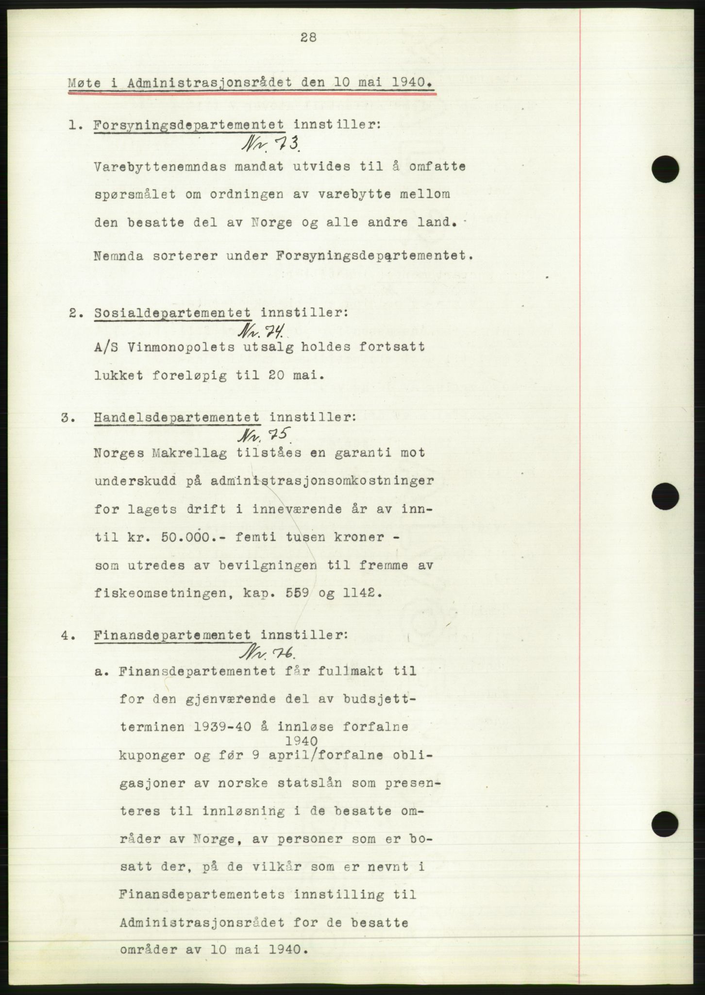 Administrasjonsrådet, AV/RA-S-1004/A/L0002: Vedtaksprotokoll 16/4-25/9, 1940, p. 32