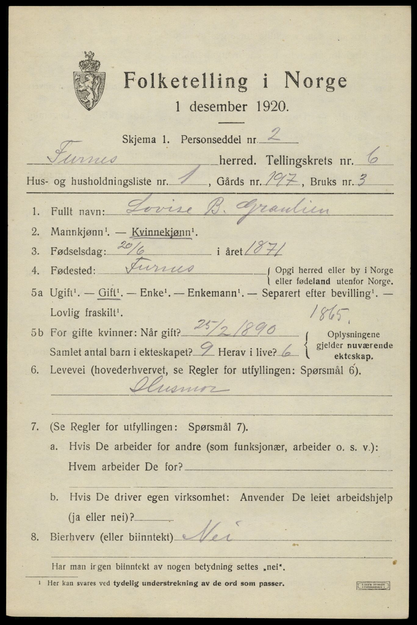 SAH, 1920 census for Furnes, 1920, p. 9617