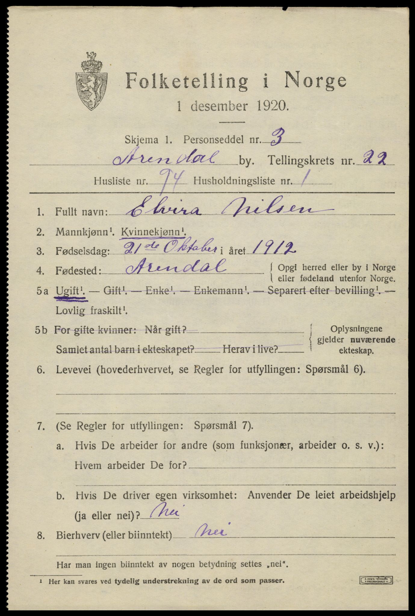 SAK, 1920 census for Arendal, 1920, p. 28968