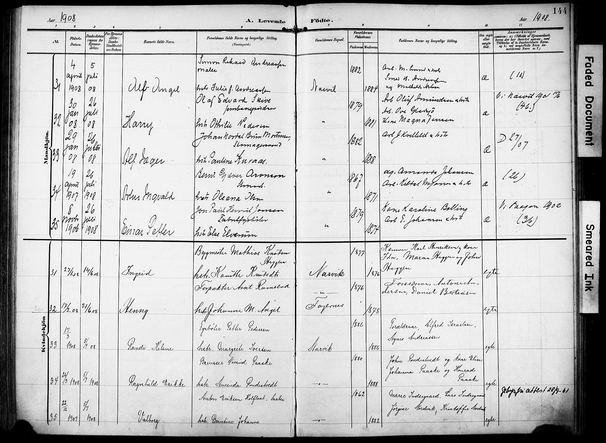 Ministerialprotokoller, klokkerbøker og fødselsregistre - Nordland, SAT/A-1459/871/L0994: Parish register (official) no. 871A10, 1902-1910, p. 144