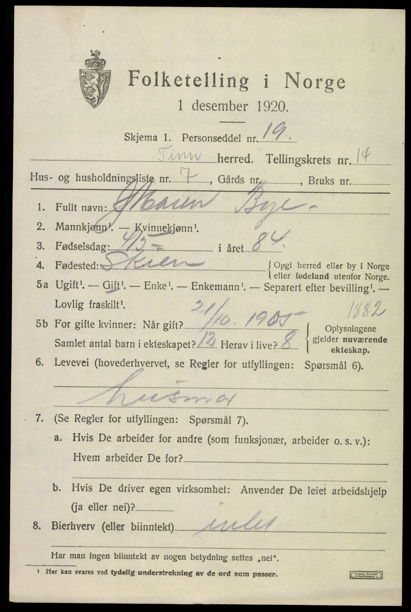 SAKO, 1920 census for Tinn, 1920, p. 8850