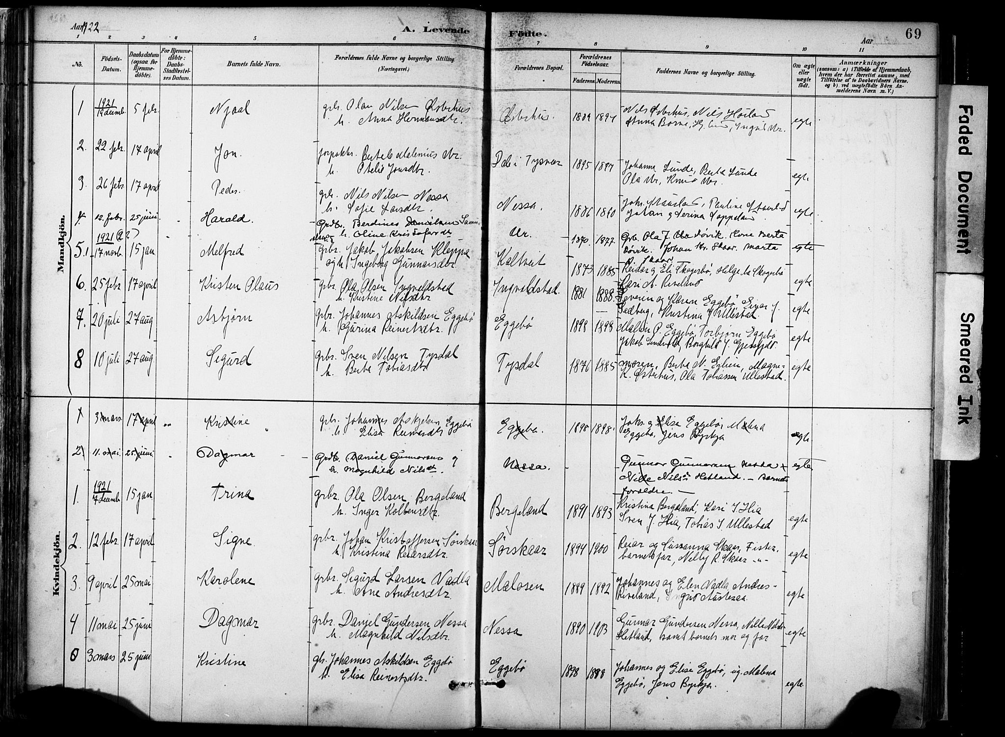 Hjelmeland sokneprestkontor, AV/SAST-A-101843/02/A/L0001: Parish register (official) no. A 16, 1887-1926, p. 69