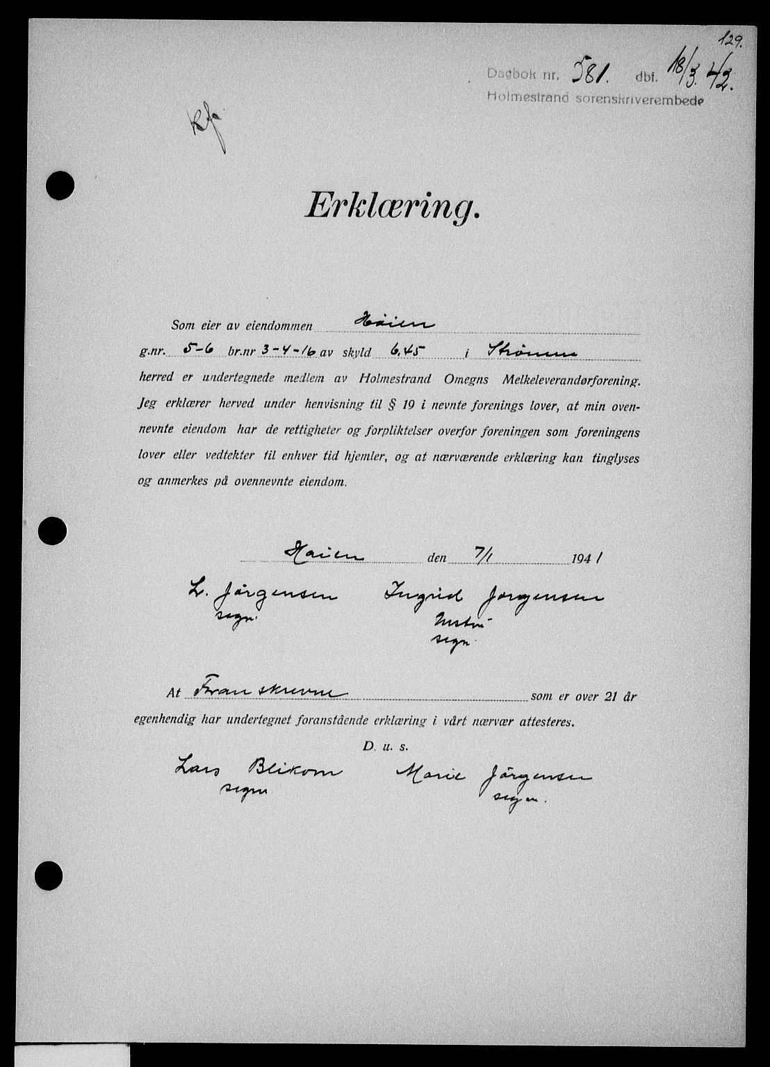 Holmestrand sorenskriveri, AV/SAKO-A-67/G/Ga/Gaa/L0055: Mortgage book no. A-55, 1942-1942, Diary no: : 581/1942