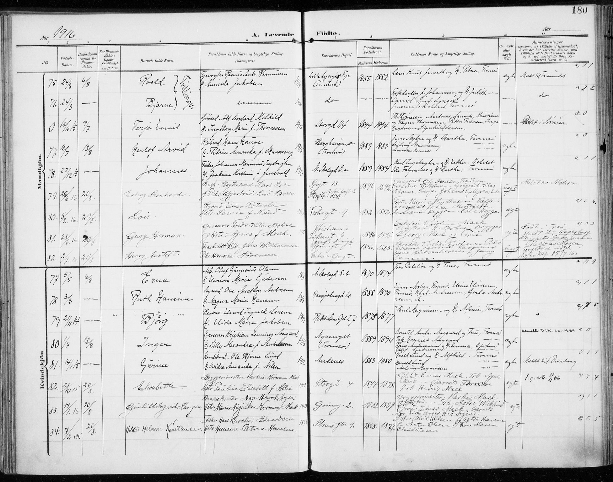 Tromsø sokneprestkontor/stiftsprosti/domprosti, AV/SATØ-S-1343/G/Ga/L0017kirke: Parish register (official) no. 17, 1907-1917, p. 180
