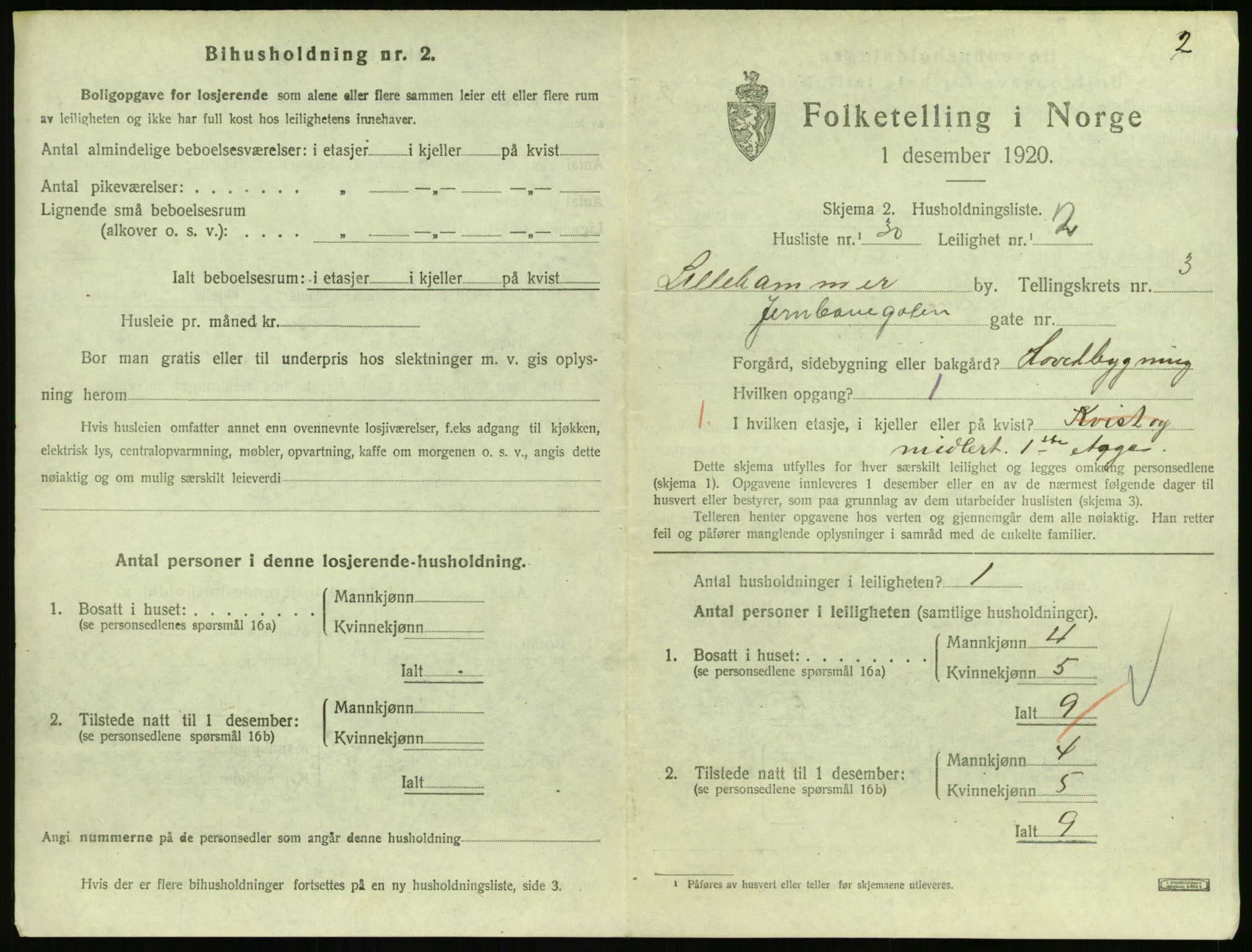 SAH, 1920 census for Lillehammer, 1920, p. 1864