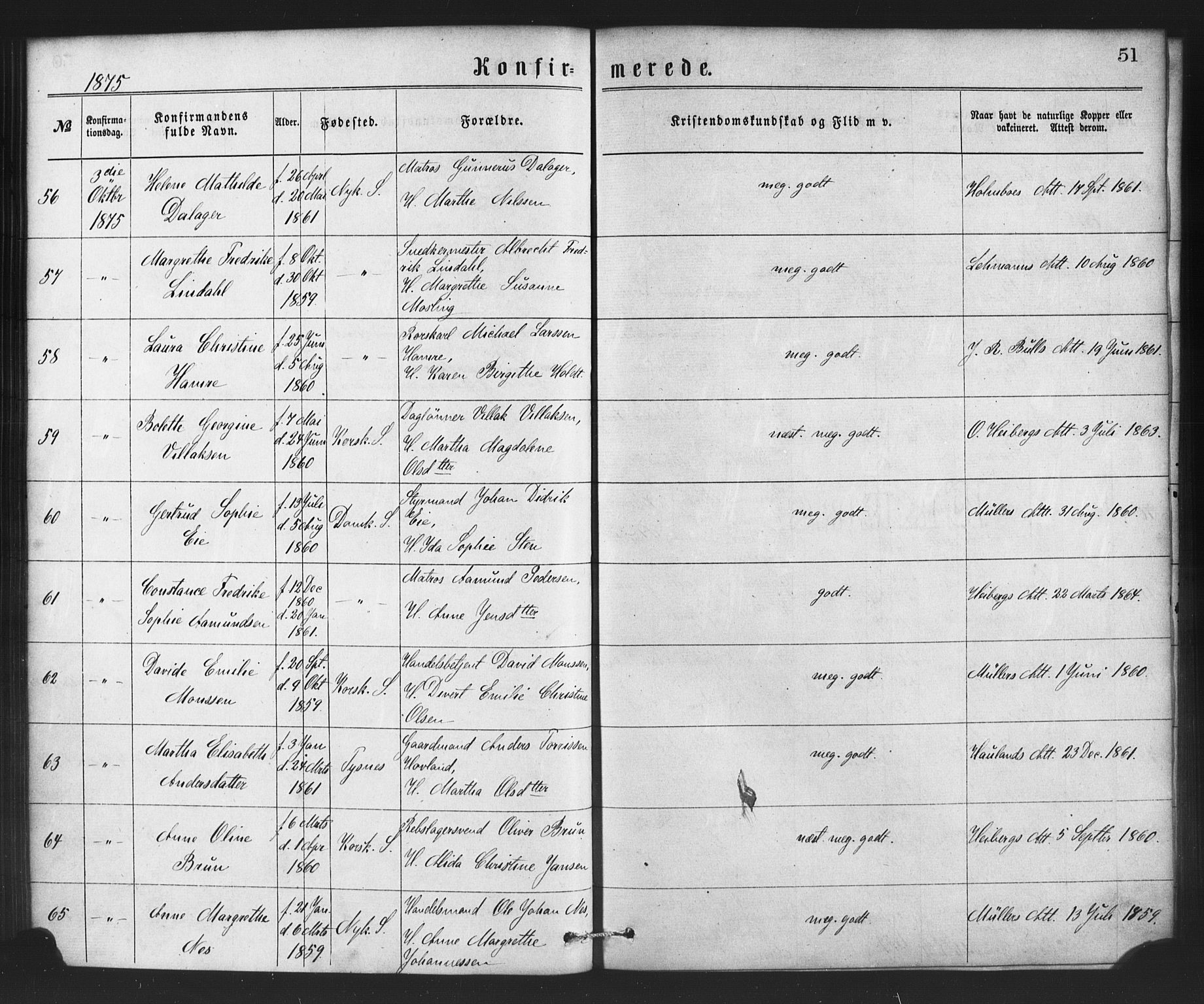 Nykirken Sokneprestembete, SAB/A-77101/H/Haa/L0026: Parish register (official) no. C 5, 1870-1886, p. 51