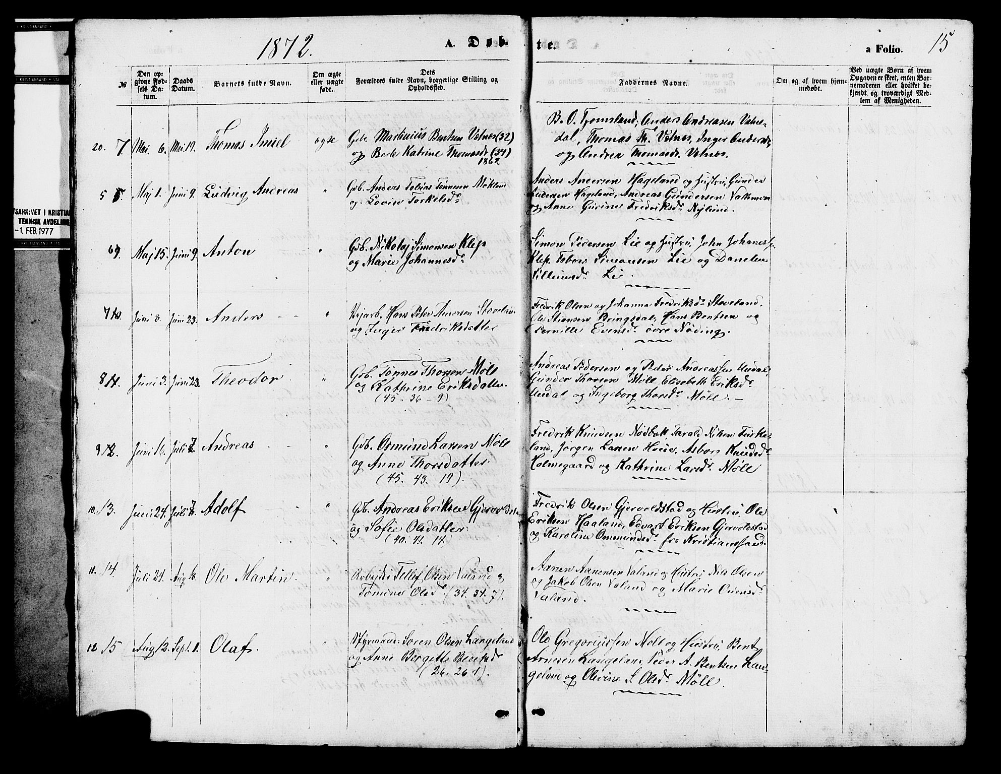 Holum sokneprestkontor, SAK/1111-0022/F/Fb/Fba/L0004: Parish register (copy) no. B 4, 1867-1890, p. 15