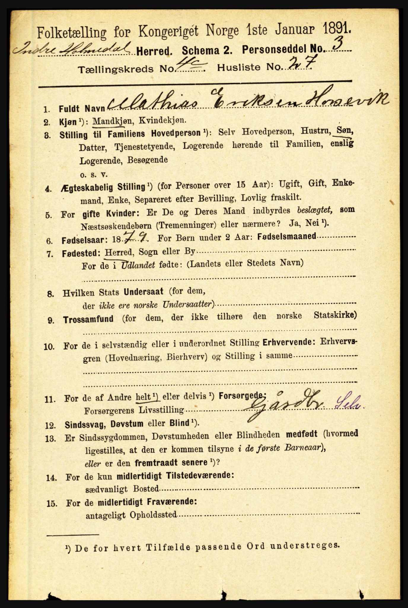 RA, 1891 census for 1430 Indre Holmedal, 1891, p. 1821