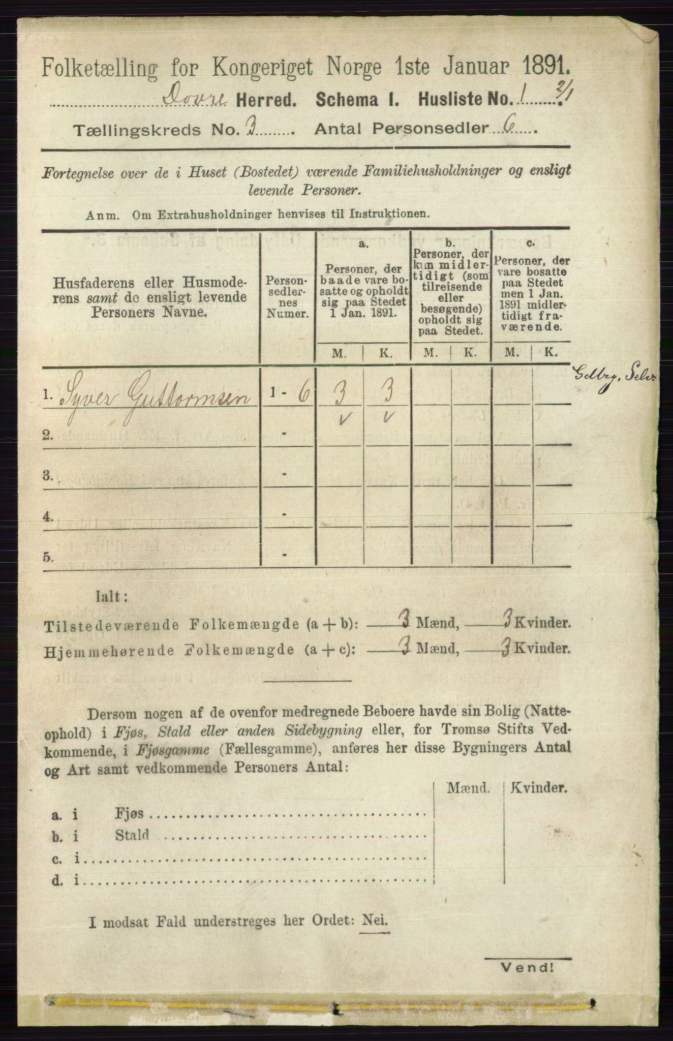 RA, 1891 census for 0511 Dovre, 1891, p. 1316