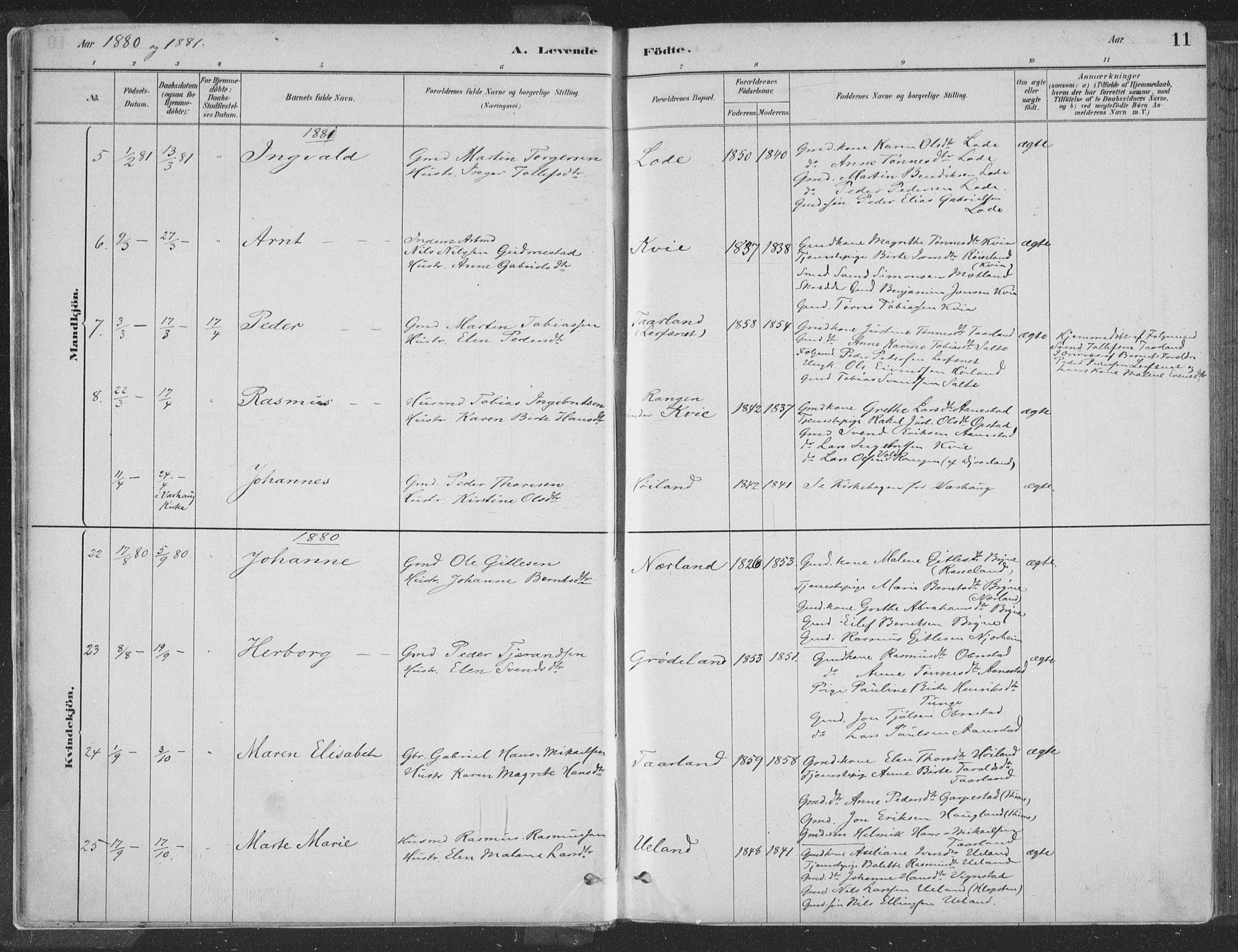 Hå sokneprestkontor, AV/SAST-A-101801/001/30BA/L0010: Parish register (official) no. A 9, 1879-1896, p. 11