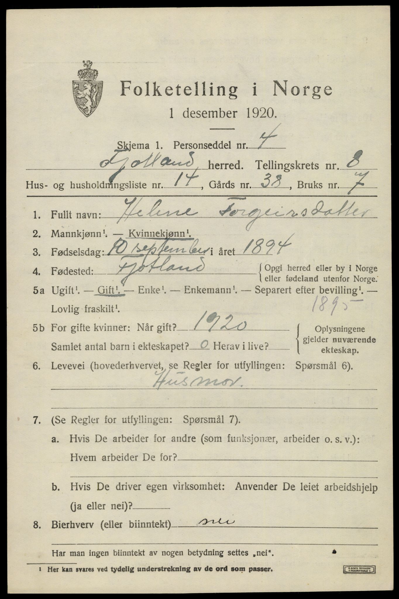 SAK, 1920 census for Fjotland, 1920, p. 2148