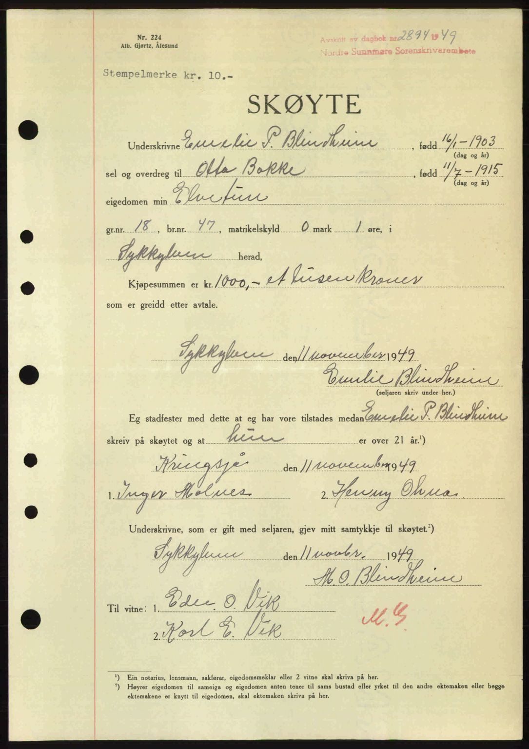 Nordre Sunnmøre sorenskriveri, AV/SAT-A-0006/1/2/2C/2Ca: Mortgage book no. A33, 1949-1950, Diary no: : 2894/1949