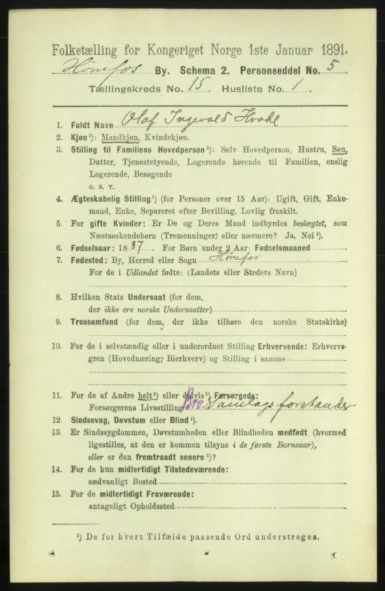 RA, 1891 census for 0601 Hønefoss, 1891, p. 1719