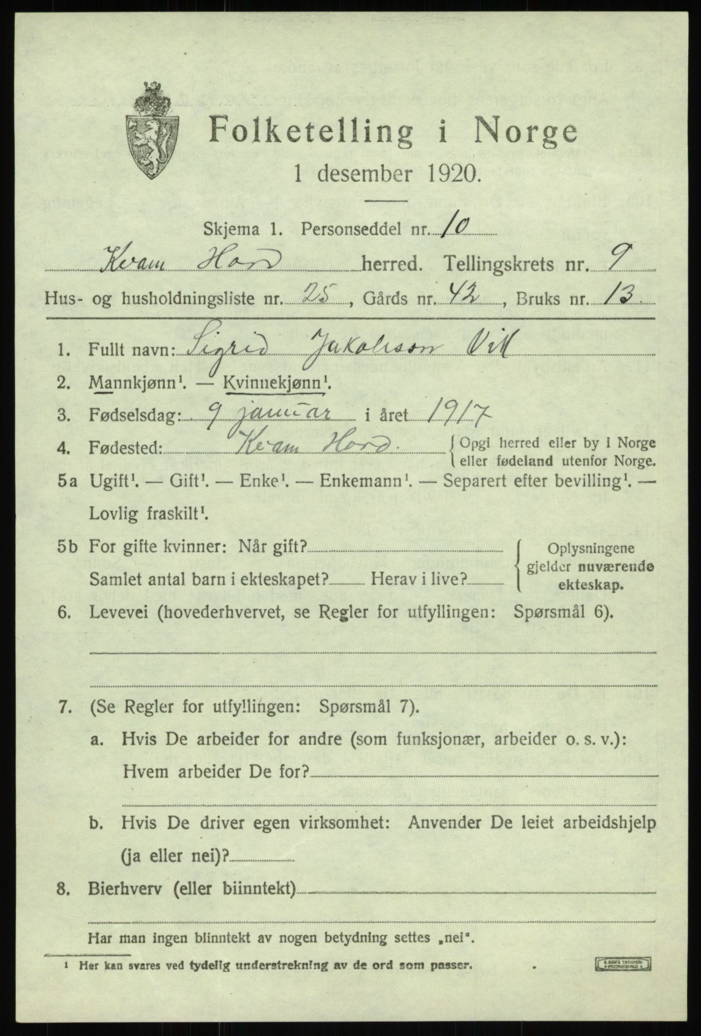 SAB, 1920 census for Kvam, 1920, p. 5985