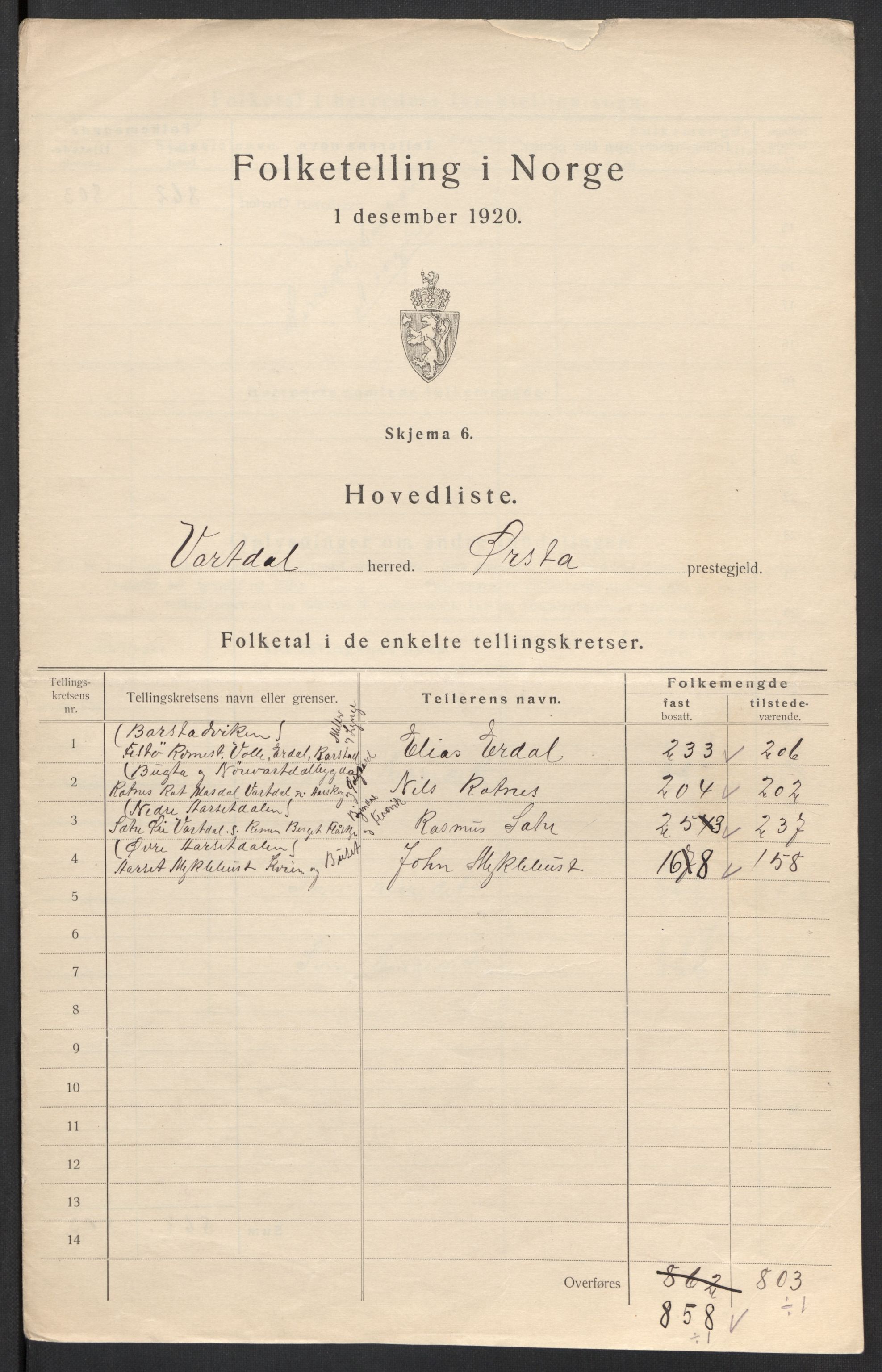 SAT, 1920 census for Vartdal, 1920, p. 6