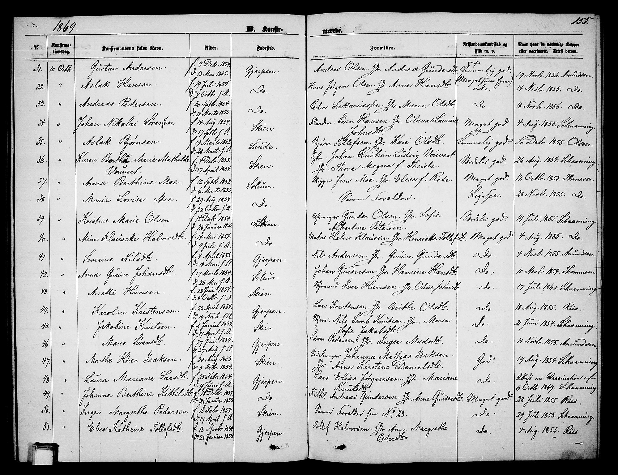 Skien kirkebøker, AV/SAKO-A-302/G/Ga/L0005: Parish register (copy) no. 5, 1868-1880, p. 155