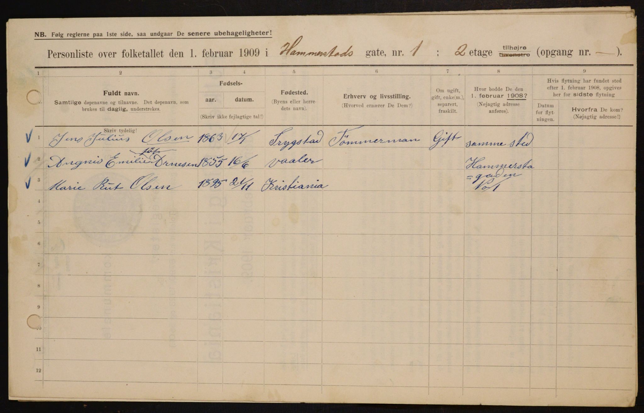 OBA, Municipal Census 1909 for Kristiania, 1909, p. 31286