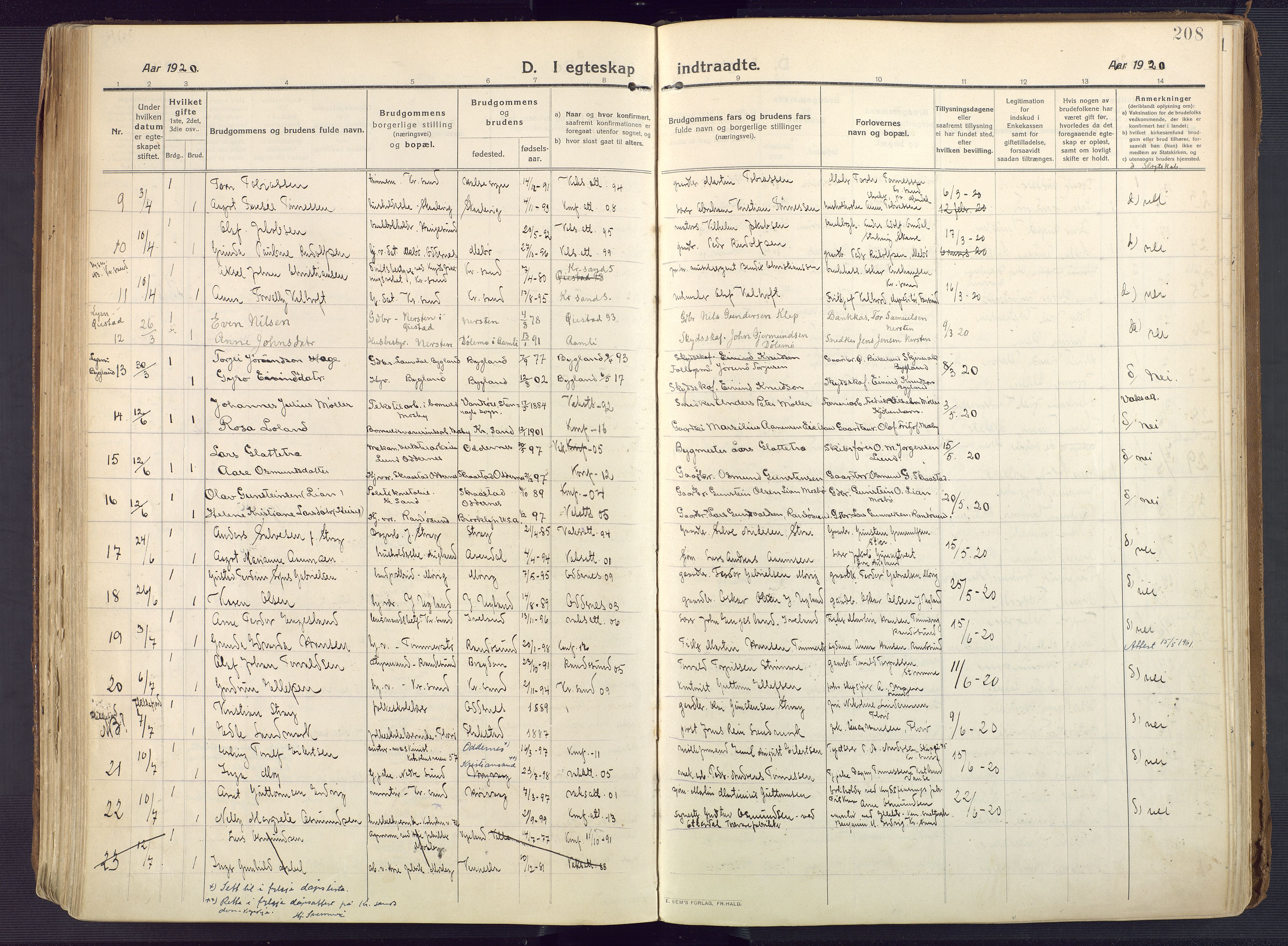 Oddernes sokneprestkontor, AV/SAK-1111-0033/F/Fa/Faa/L0012: Parish register (official) no. A 12, 1912-1925, p. 208