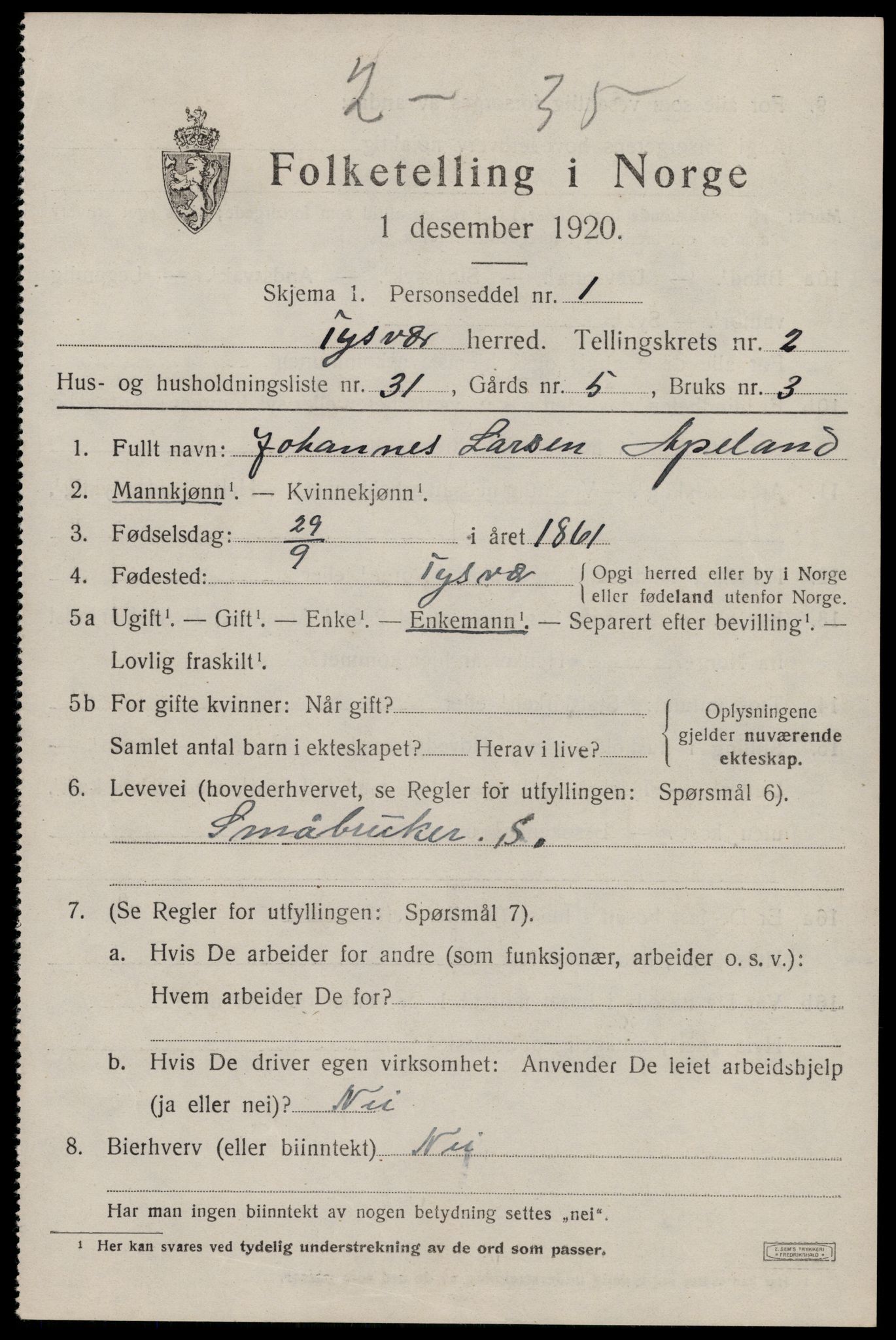 SAST, 1920 census for Tysvær, 1920, p. 1334