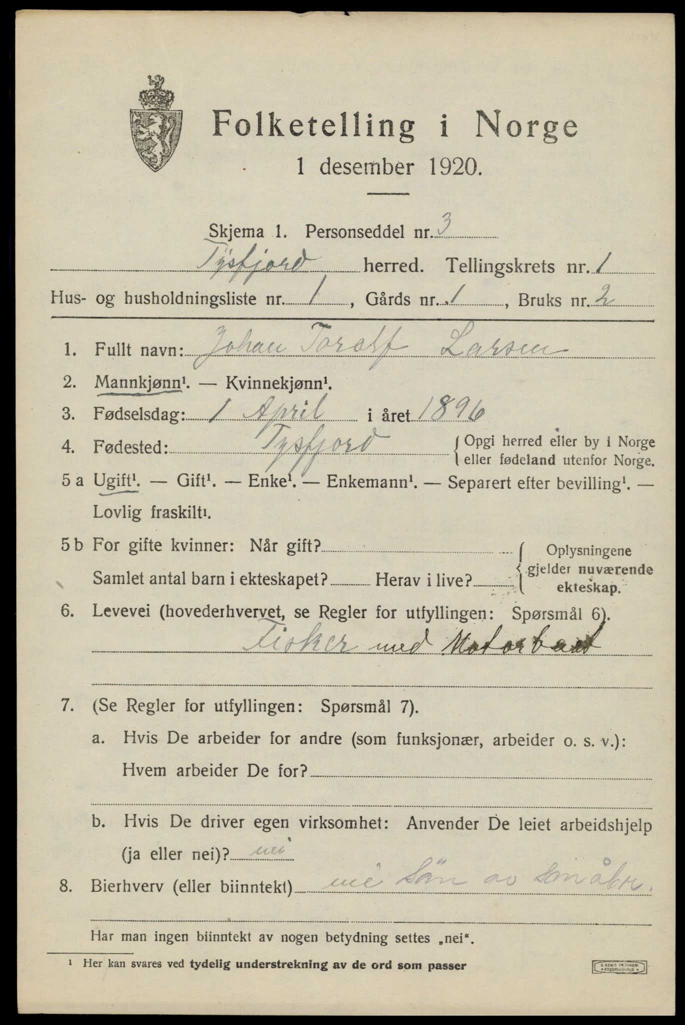 SAT, 1920 census for Tysfjord, 1920, p. 945