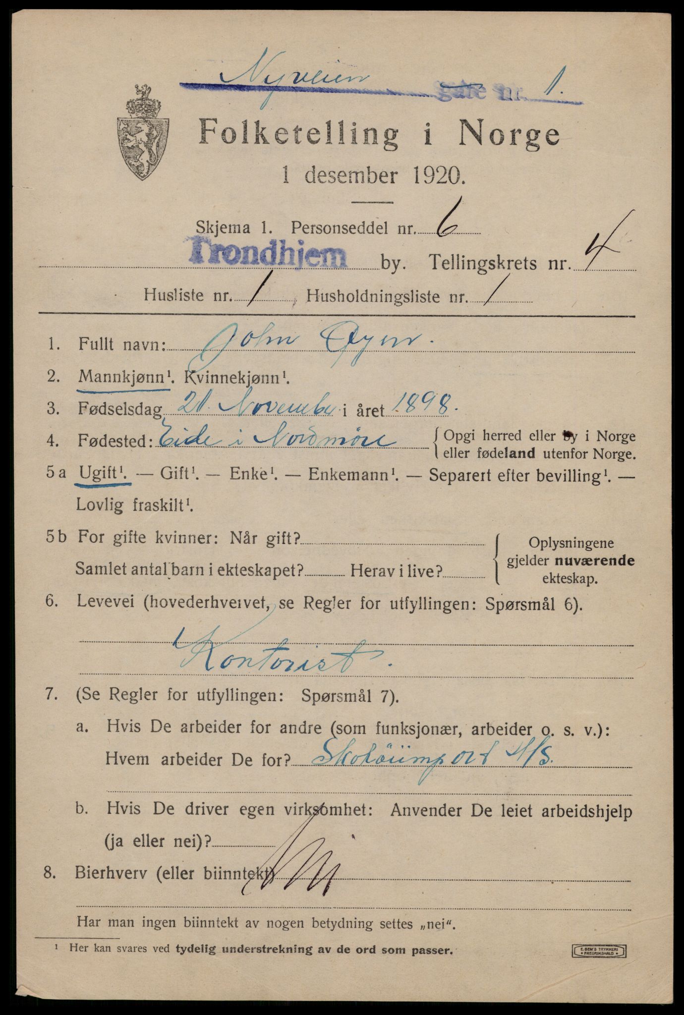 SAT, 1920 census for Trondheim, 1920, p. 36906