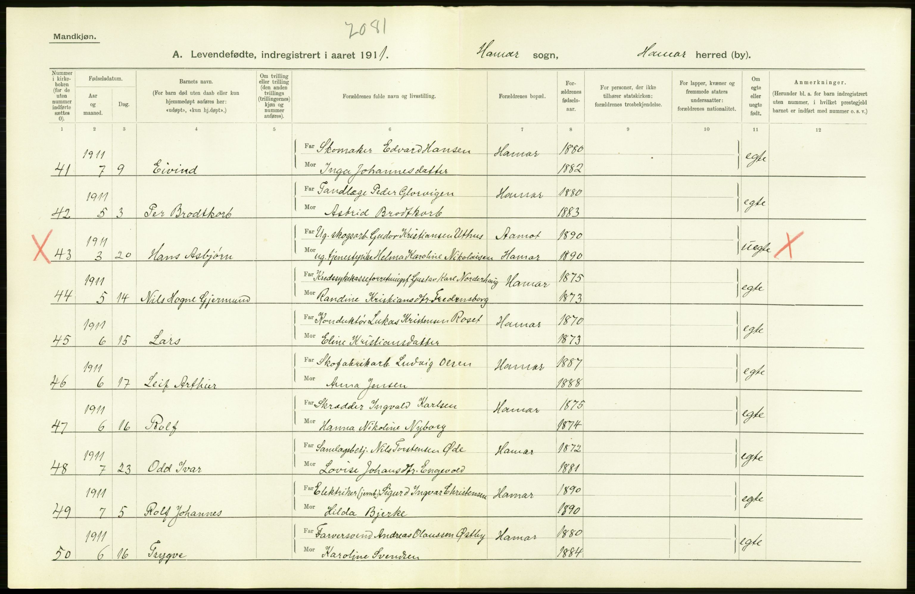 Statistisk sentralbyrå, Sosiodemografiske emner, Befolkning, AV/RA-S-2228/D/Df/Dfb/Dfba/L0011: Hedemarkens amt: Levendefødte menn og kvinner. Bygder og byer., 1911, p. 10