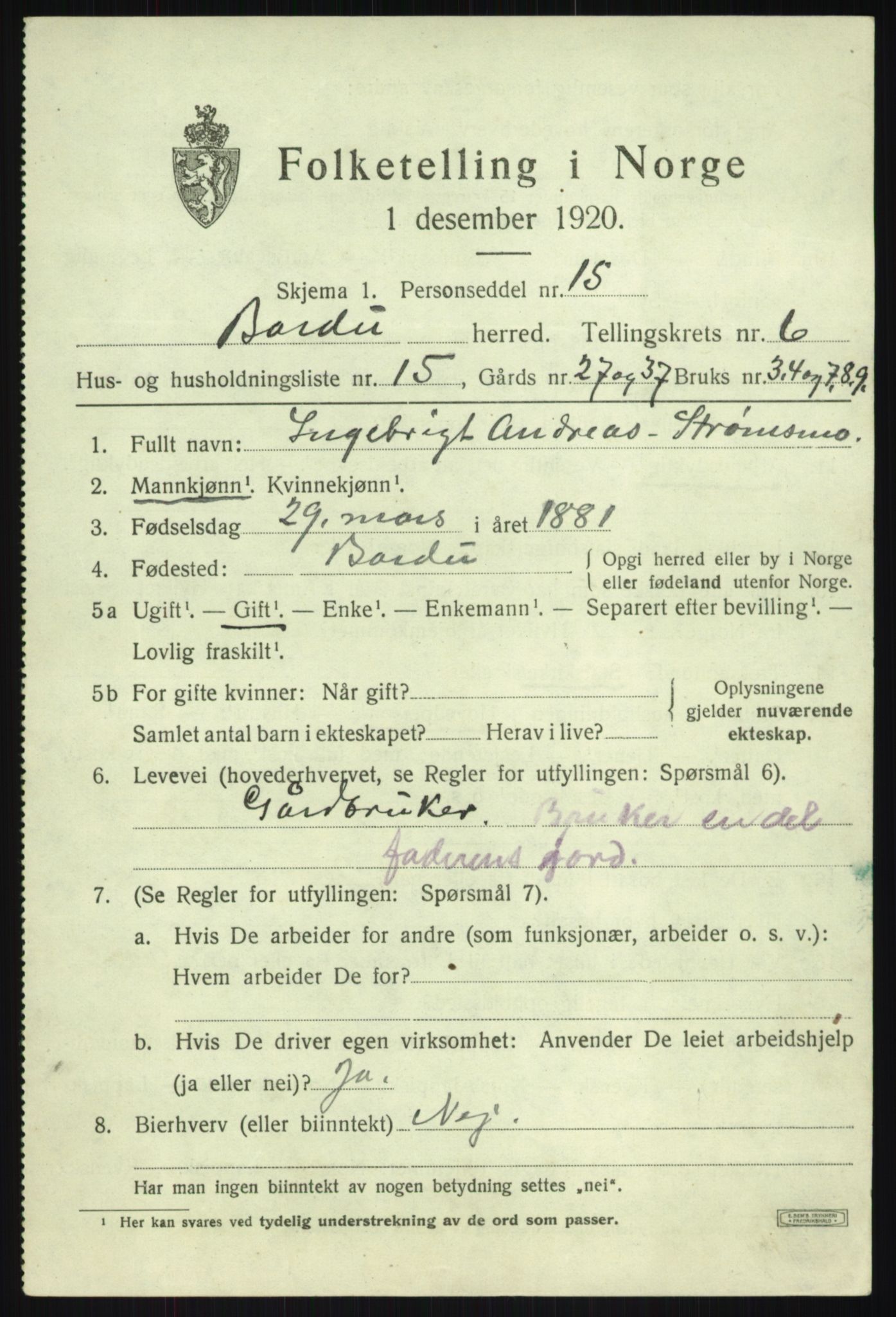 SATØ, 1920 census for Bardu, 1920, p. 2702