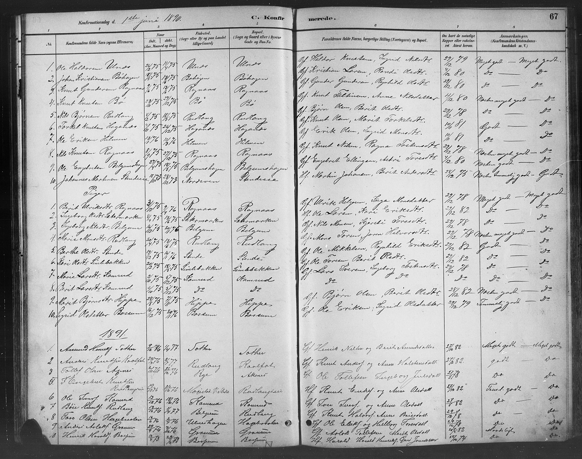 Nord-Aurdal prestekontor, SAH/PREST-132/H/Ha/Hab/L0008: Parish register (copy) no. 8, 1883-1916, p. 67