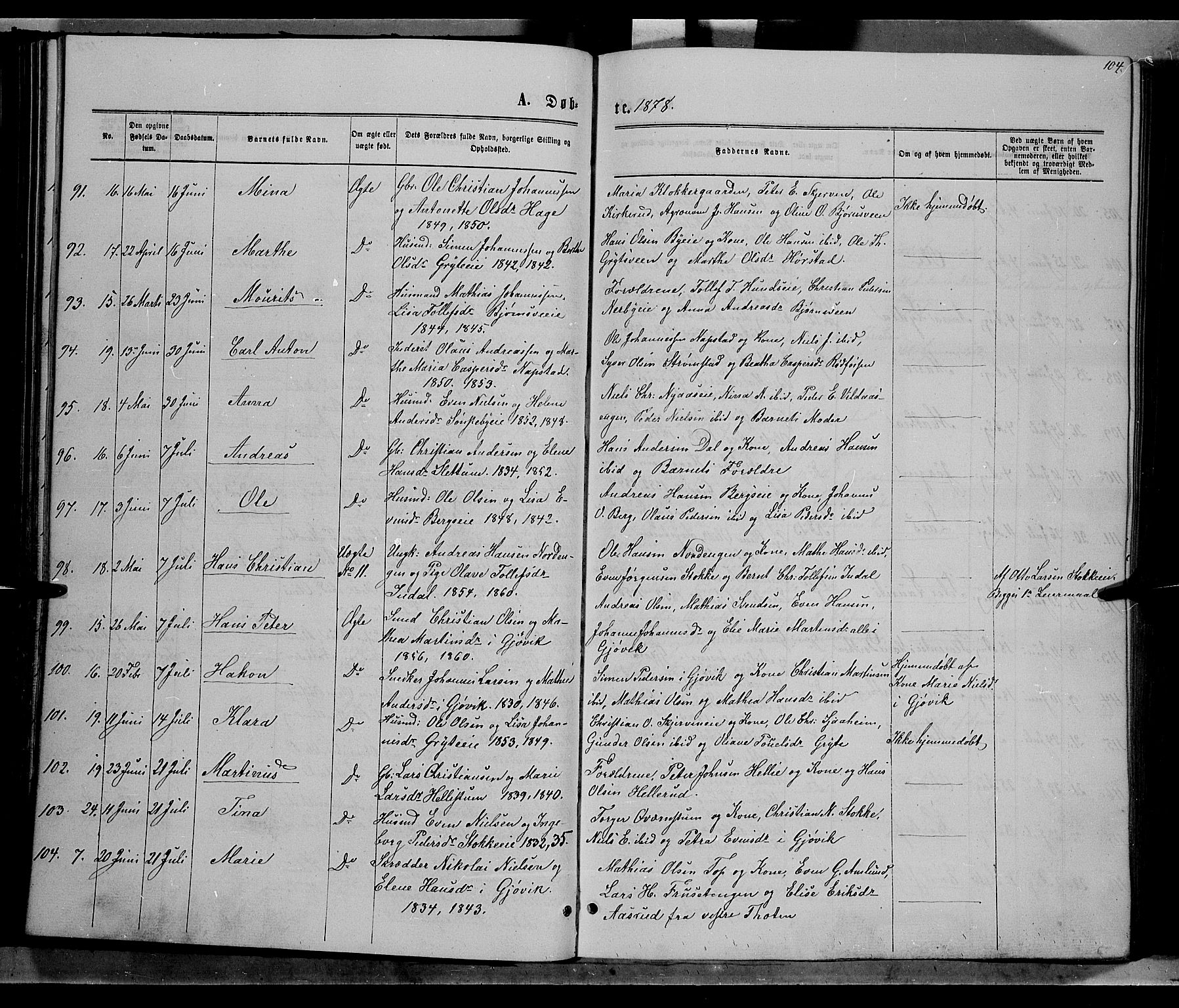 Vardal prestekontor, SAH/PREST-100/H/Ha/Hab/L0006: Parish register (copy) no. 6, 1869-1881, p. 104