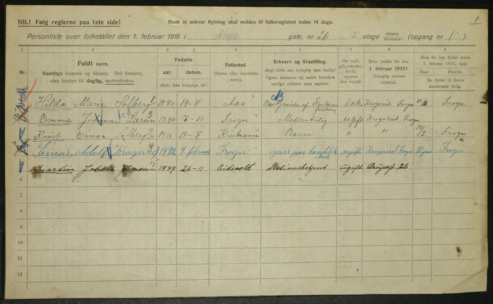 OBA, Municipal Census 1916 for Kristiania, 1916, p. 2601