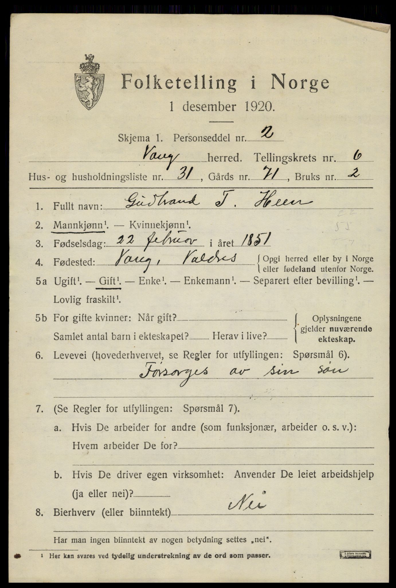 SAH, 1920 census for Vang (Oppland), 1920, p. 3077