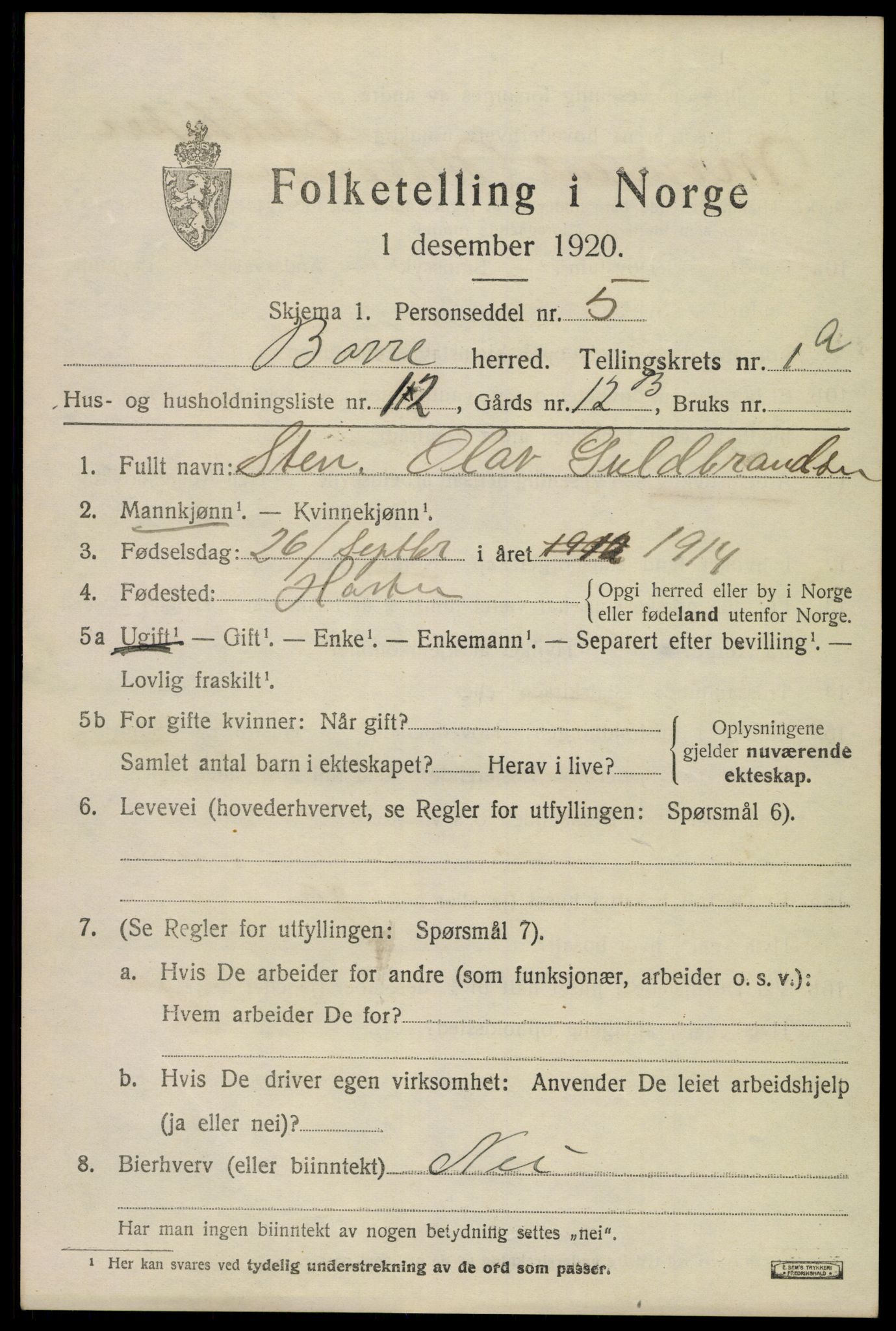SAKO, 1920 census for Borre, 1920, p. 1566