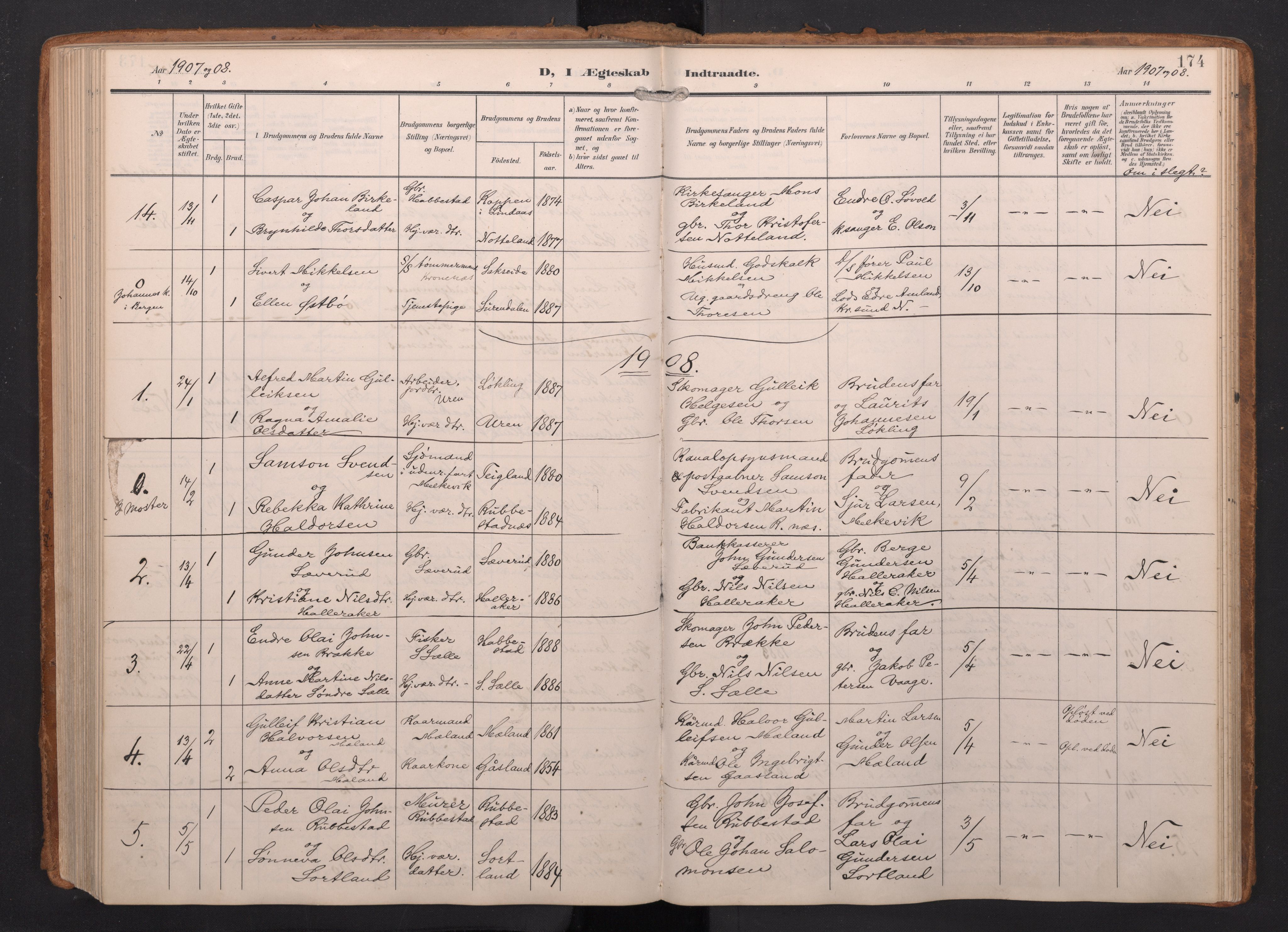 Finnås sokneprestembete, AV/SAB-A-99925/H/Ha/Haa/Haac/L0003: Parish register (official) no. C 3, 1905-1917, p. 174