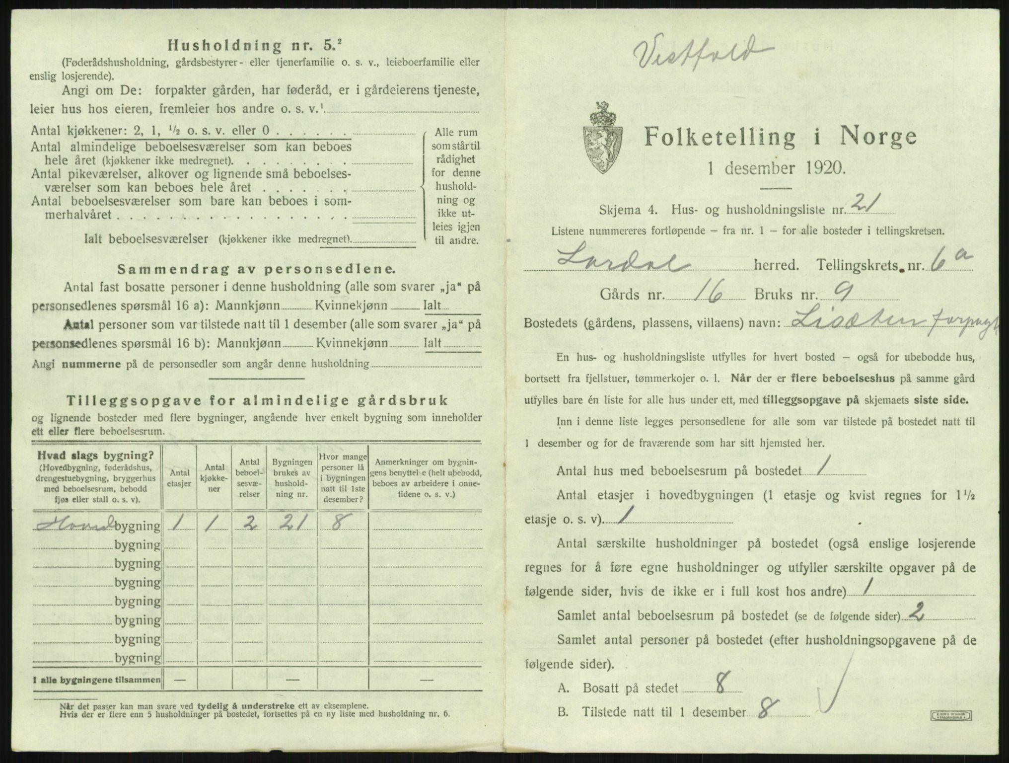 SAKO, 1920 census for Lardal, 1920, p. 913