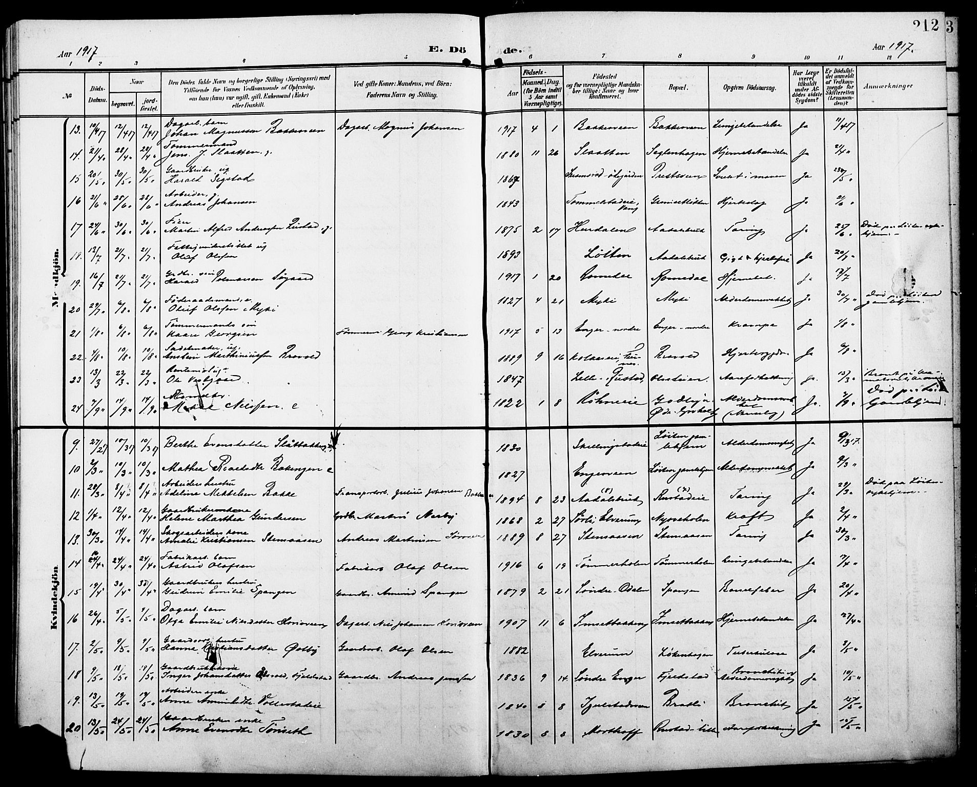Løten prestekontor, SAH/PREST-022/L/La/L0007: Parish register (copy) no. 7, 1910-1919, p. 212