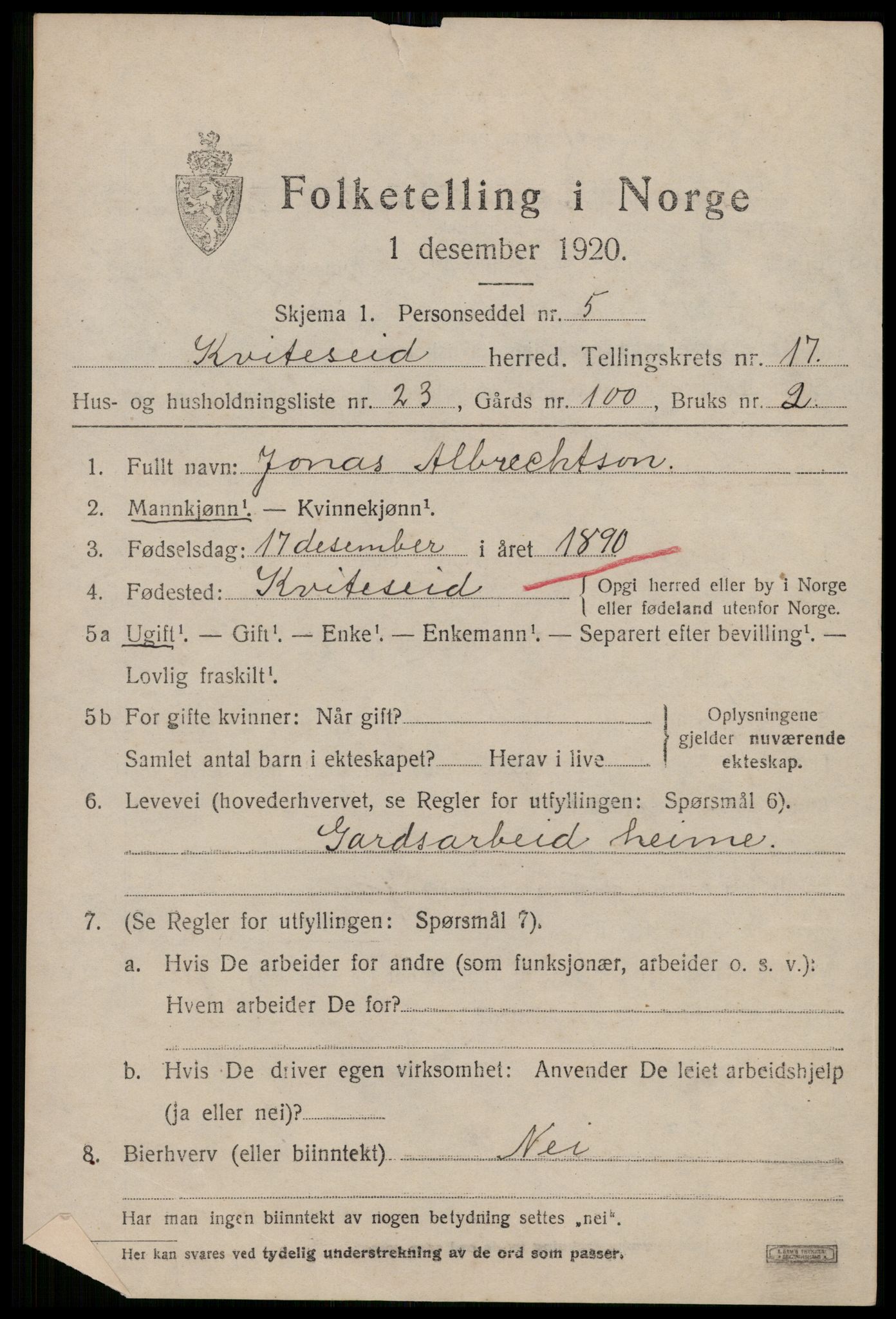 SAKO, 1920 census for Kviteseid, 1920, p. 7959