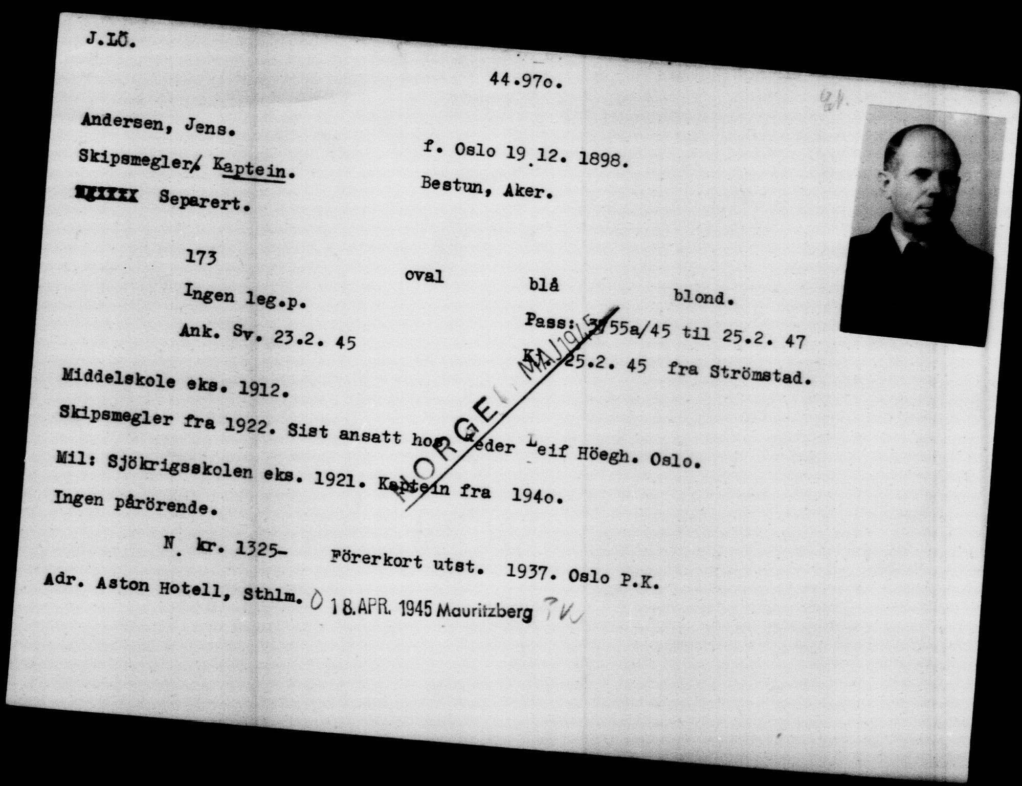 Utenriksstasjonene, Legasjonen i Stockholm, Flyktningkontoret, AV/RA-S-6753/V/Va/L0017: Kjesäterkartoteket, flyktninger med registreringsnr. 43400-46318, 1940-1945, p. 1642