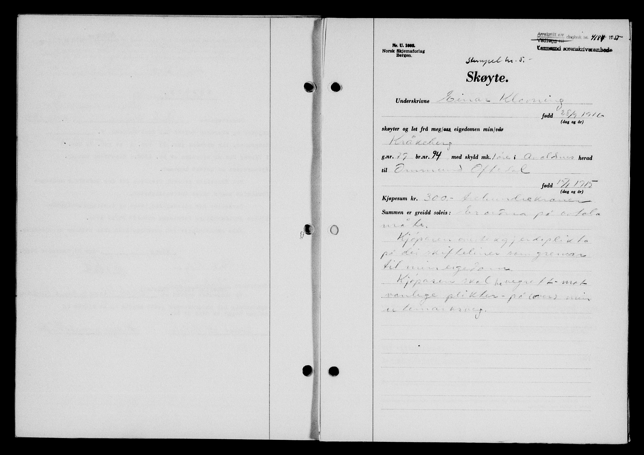 Karmsund sorenskriveri, SAST/A-100311/01/II/IIB/L0118: Mortgage book no. 98A, 1955-1956, Diary no: : 4184/1955