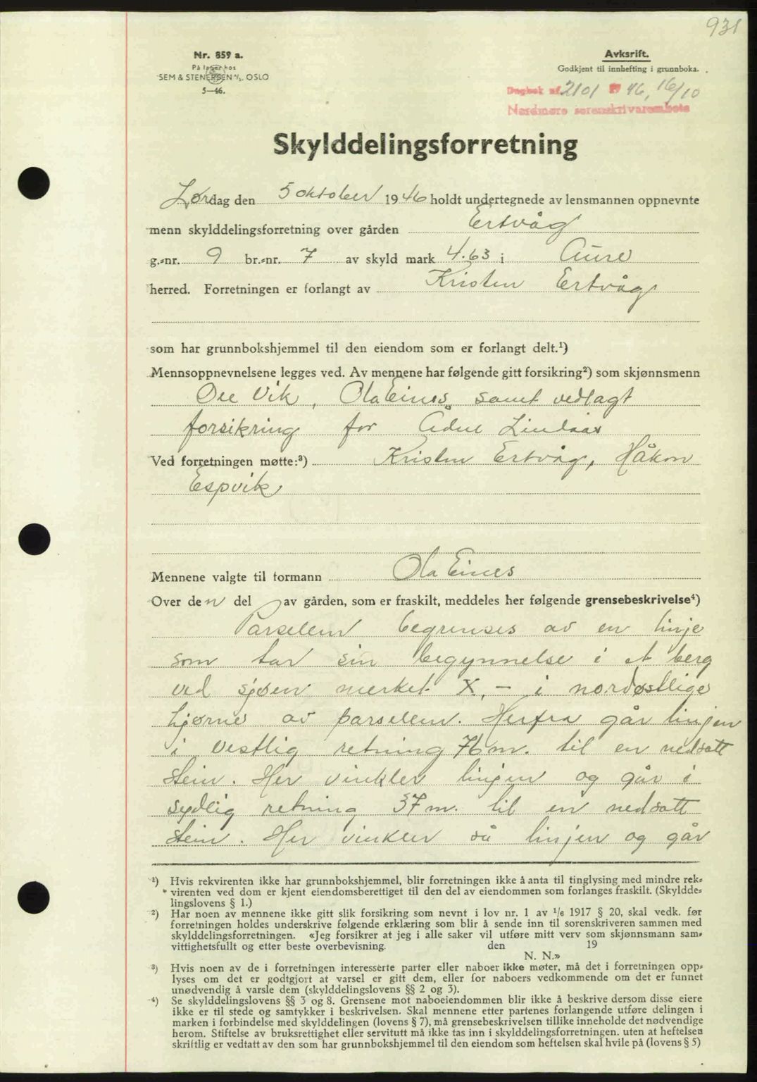 Nordmøre sorenskriveri, AV/SAT-A-4132/1/2/2Ca: Mortgage book no. A102, 1946-1946, Diary no: : 2101/1946