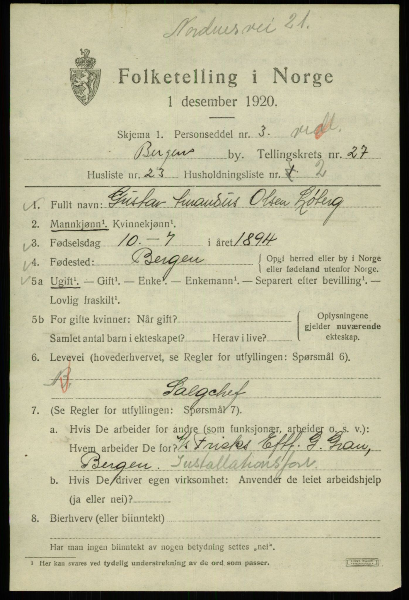 SAB, 1920 census for Bergen, 1920, p. 91775