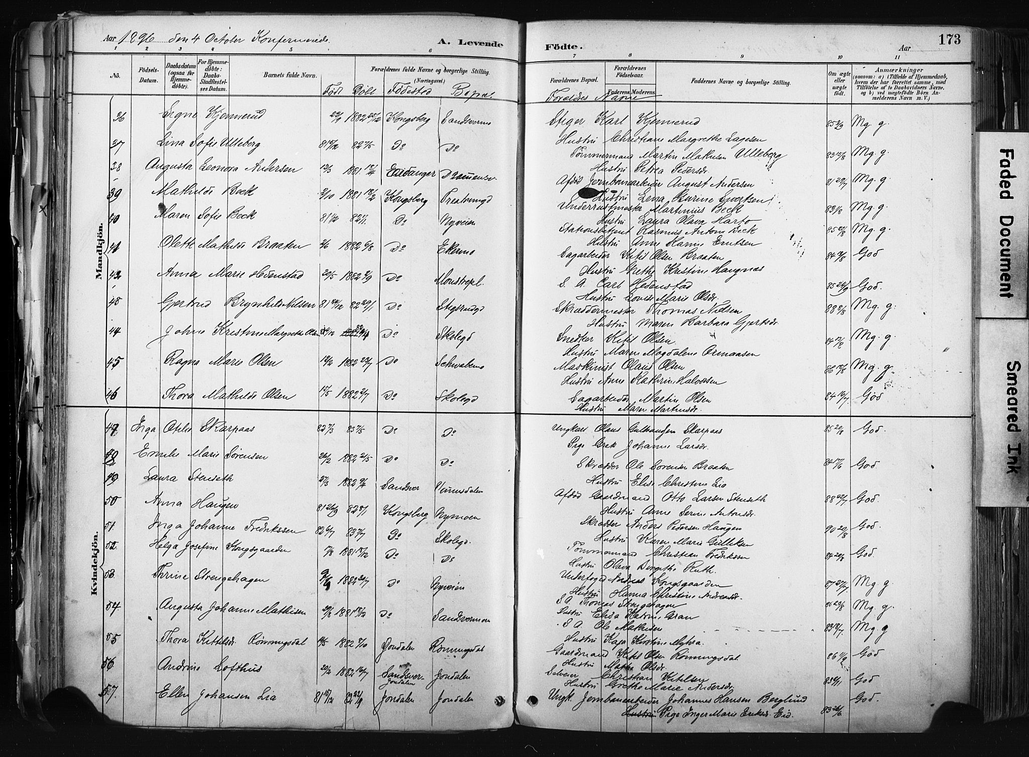 Kongsberg kirkebøker, AV/SAKO-A-22/F/Fb/L0002: Parish register (official) no. II 2, 1886-1896, p. 173