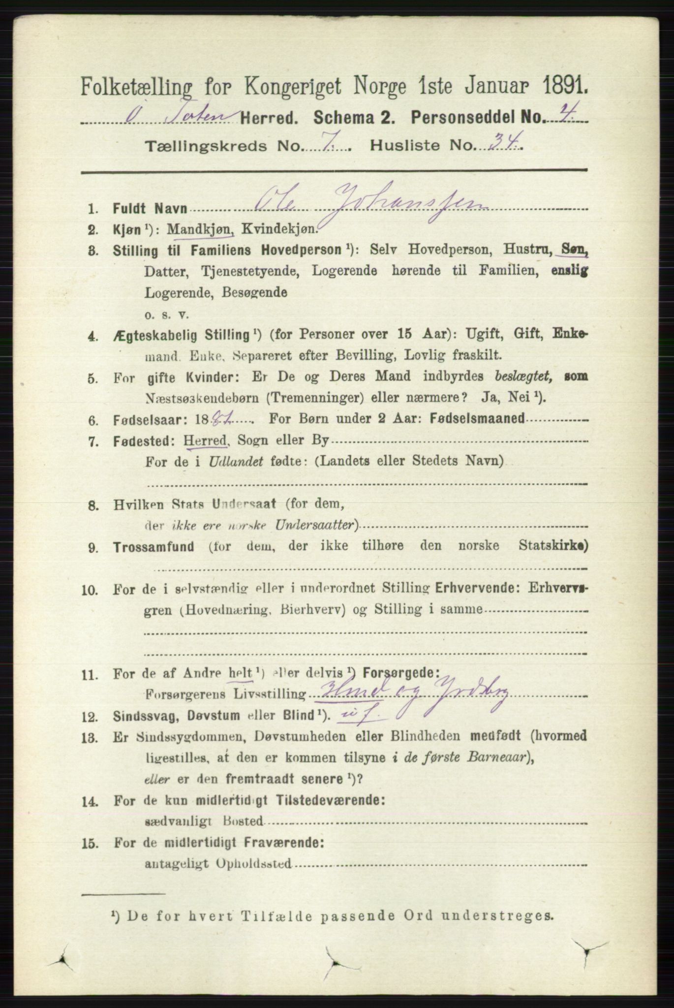 RA, 1891 census for 0528 Østre Toten, 1891, p. 4626