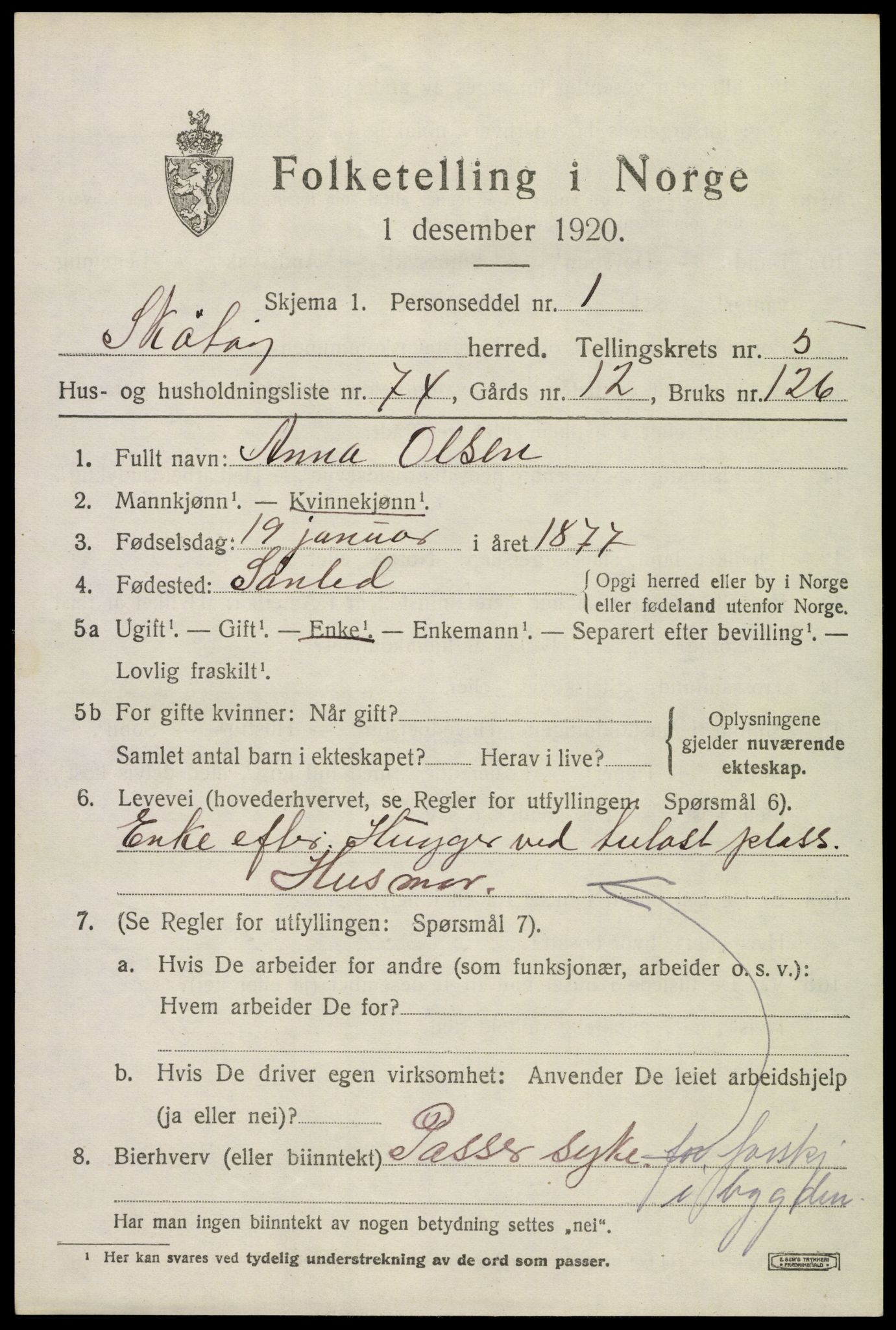 SAKO, 1920 census for Skåtøy, 1920, p. 4690