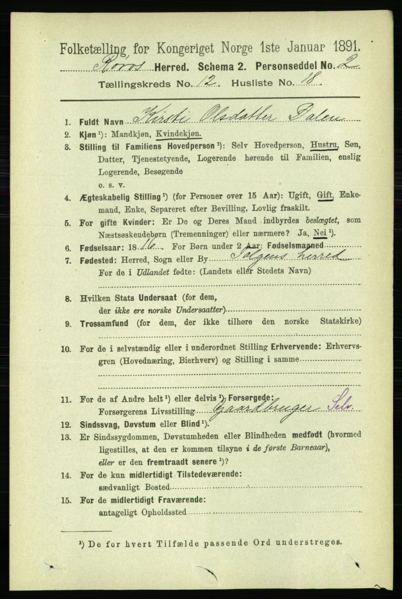 RA, 1891 census for 1640 Røros, 1891, p. 2500