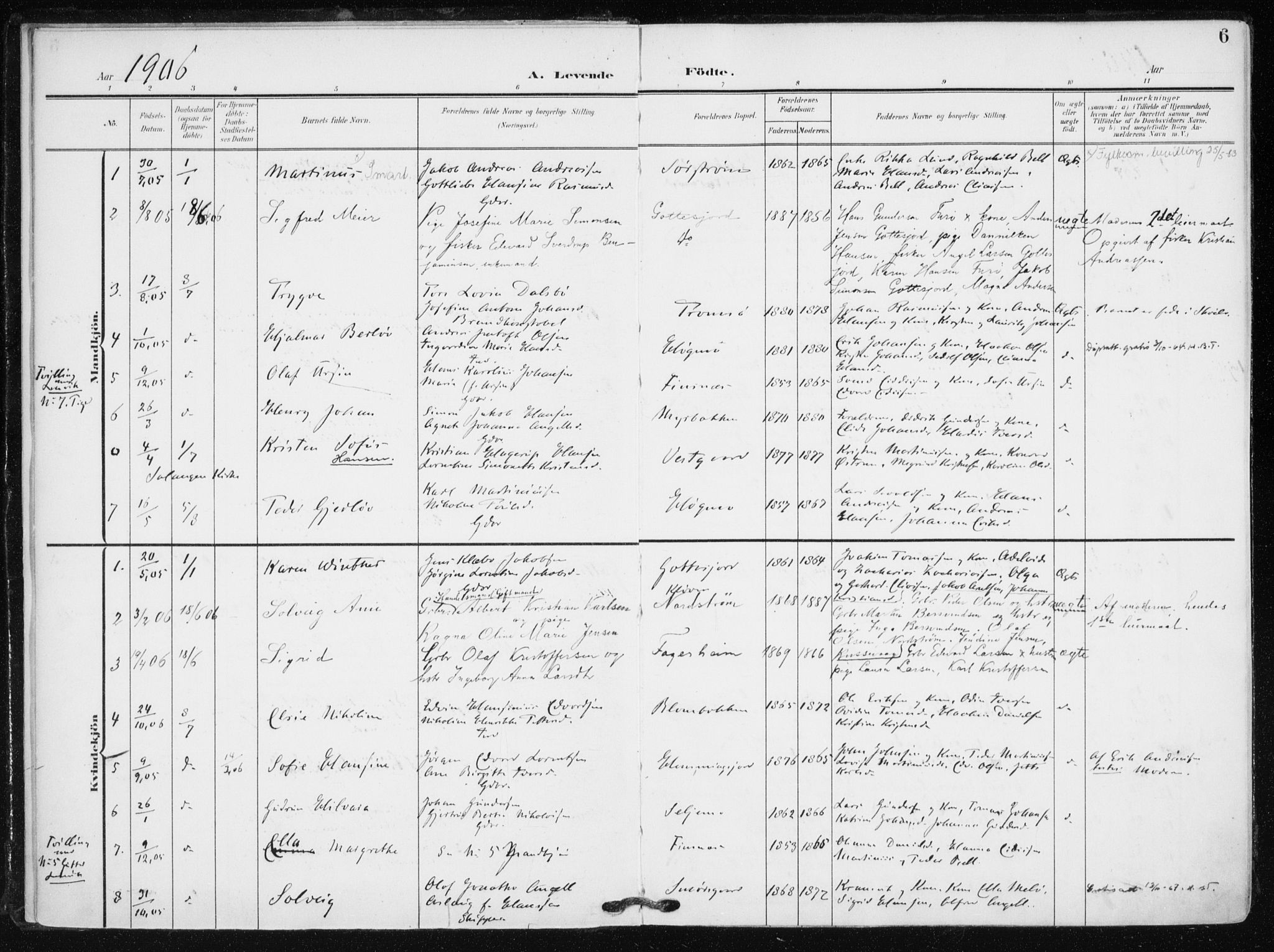 Tranøy sokneprestkontor, SATØ/S-1313/I/Ia/Iaa/L0012kirke: Parish register (official) no. 12, 1905-1918, p. 6